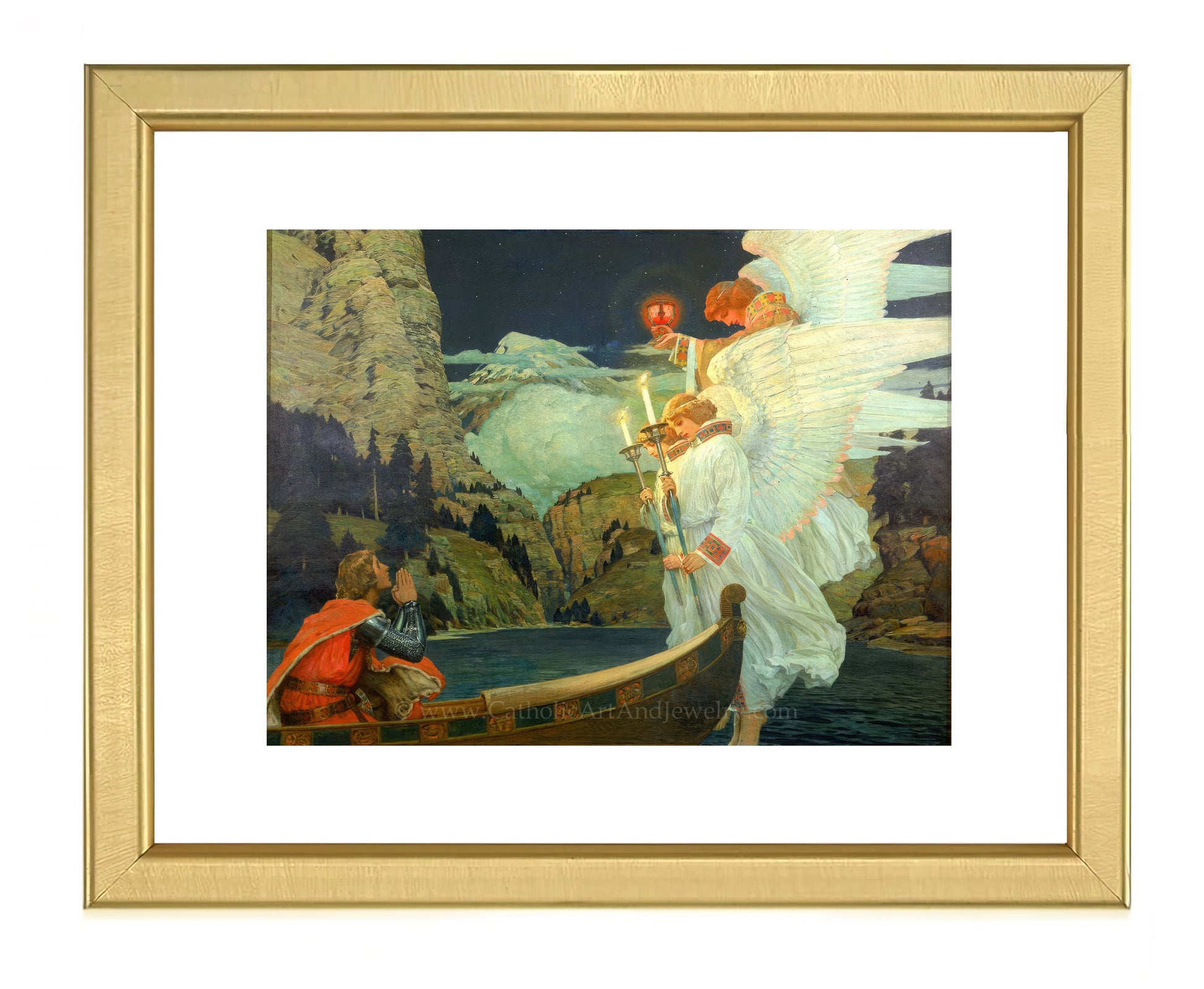 a painting of an angel and a man on a boat