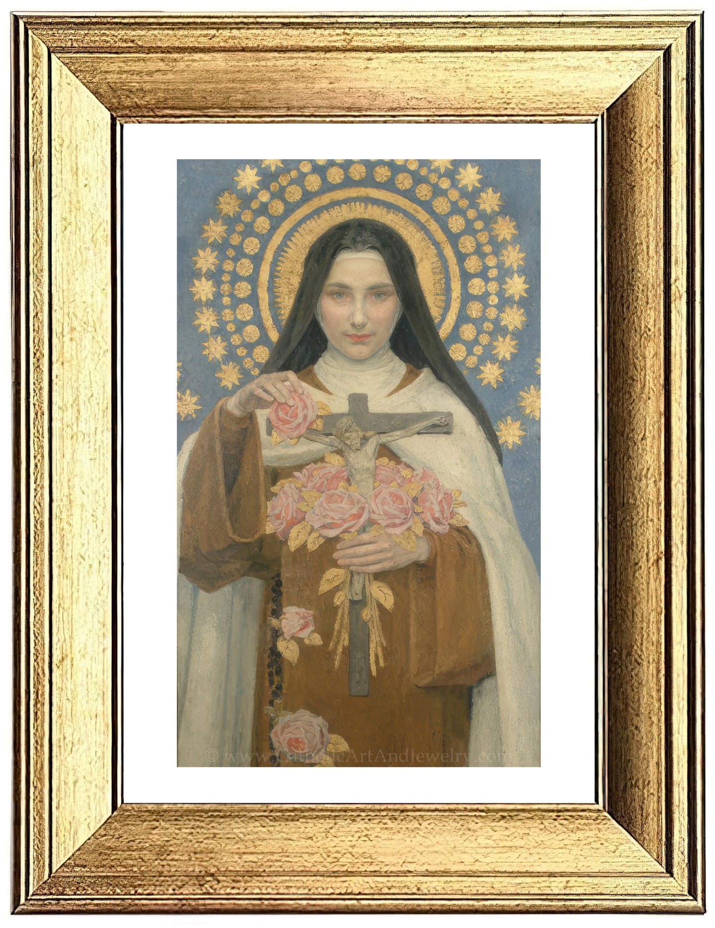 a painting of a woman holding a cross