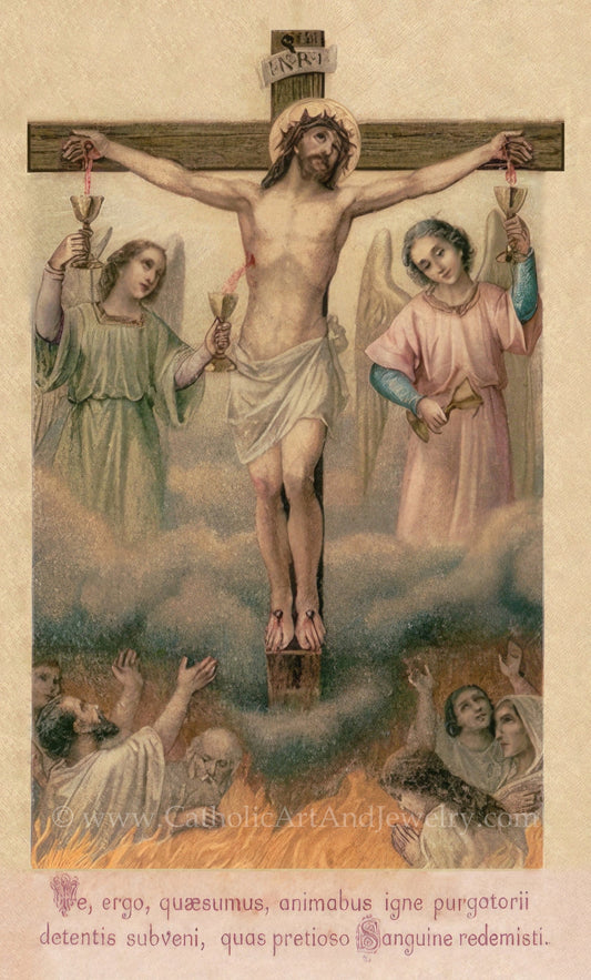 Holy Souls in Purgatory – 19th Century French Lithograph Restored Print – Beautiful Catholic Artwork – Archival Quality