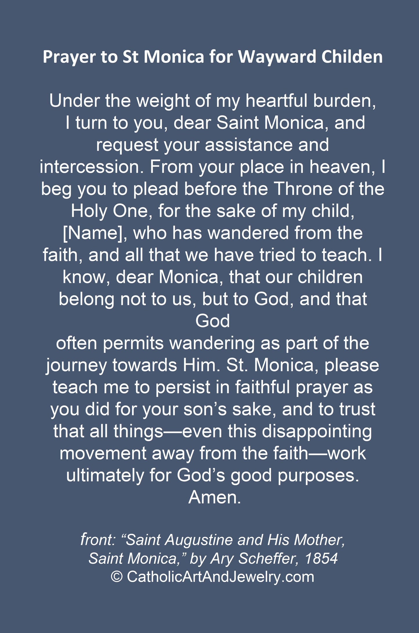 Holy Card – St Monica – Prayer for Wayward Children – pack of 10/100/1000 – Restored Vintage Holy Card
