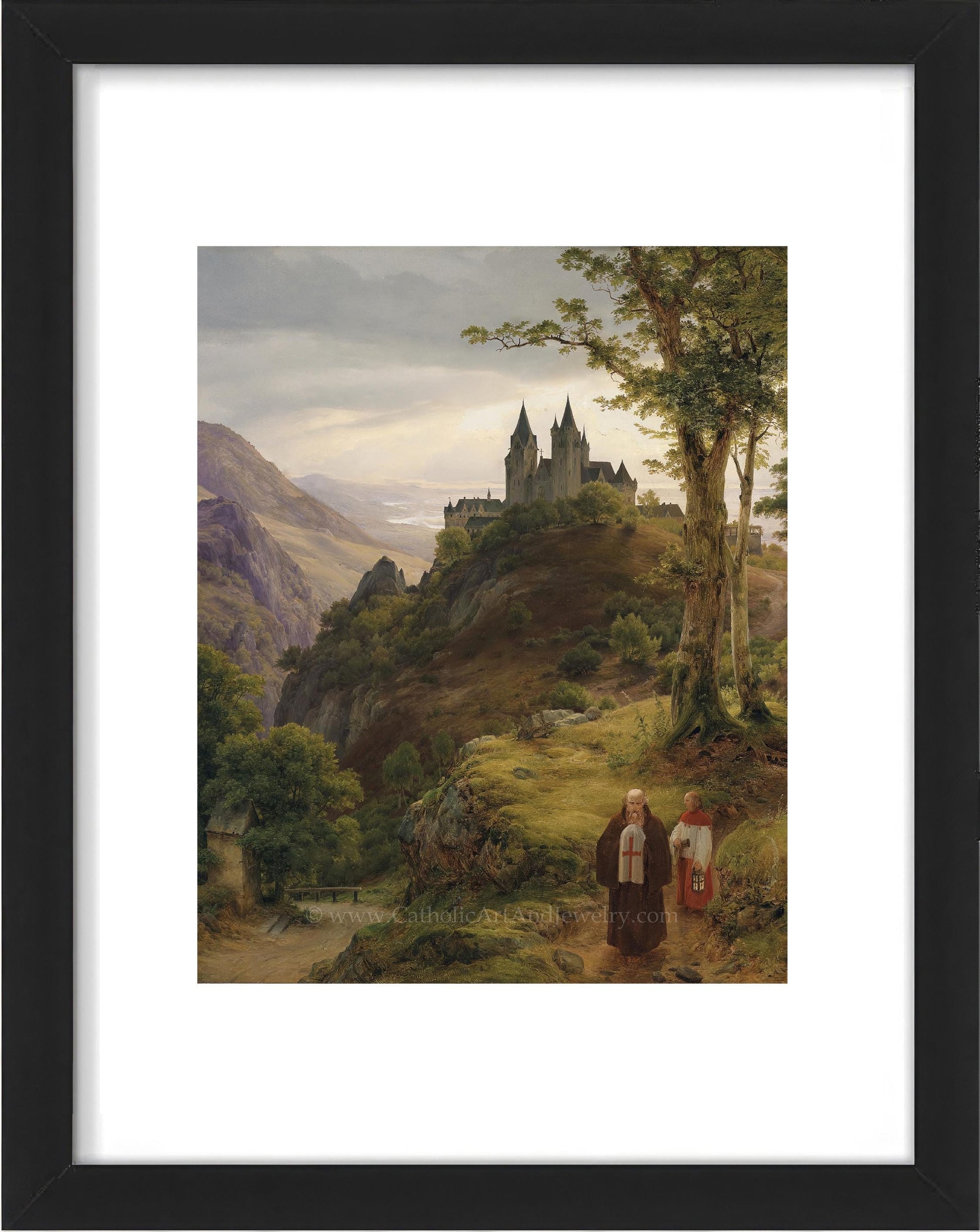 a painting of two people standing in front of a castle