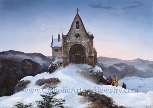 Chapel on a Mountain in Winter – Ernst Ferdinand Oehme – Catholic Gift – Archival Quality