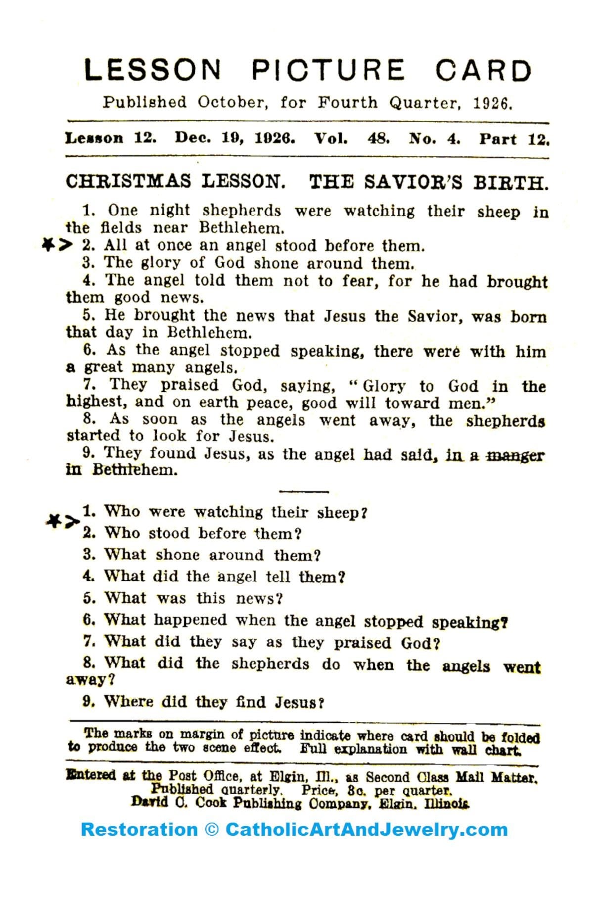 Christmas Holy Card #9 – Christmas Bible Quiz – pack of 10/100/1000 – Stocking Stuffer – Christ in Christmas! – Restored Vintage Card