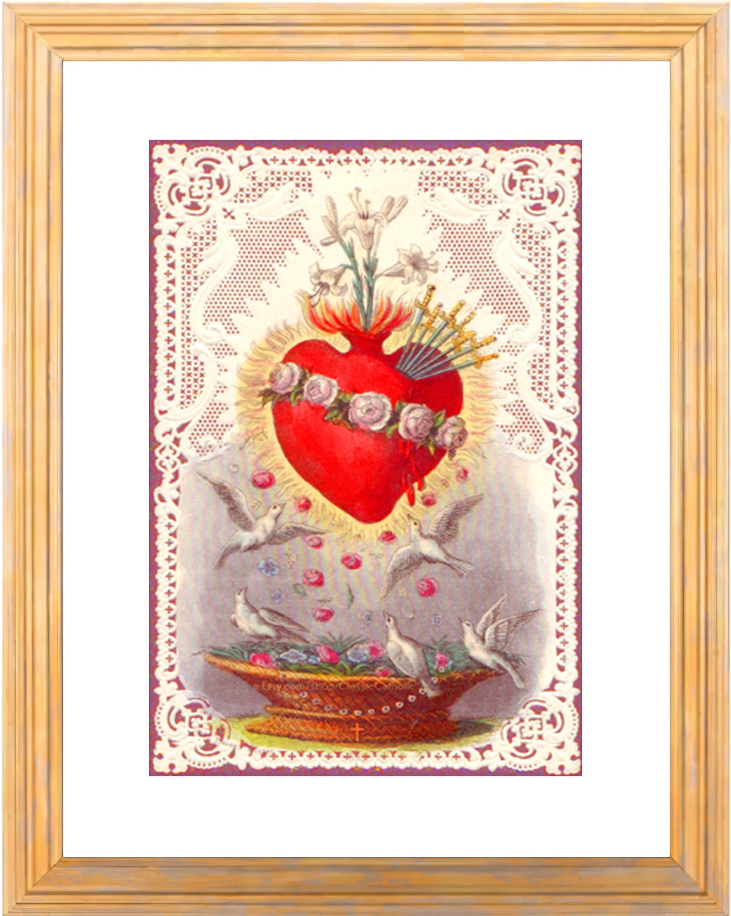 Immaculate Heart of Mary with Doves and Lace – based on a Vintage French Holy Card – Catholic Art Print – Archival Quality