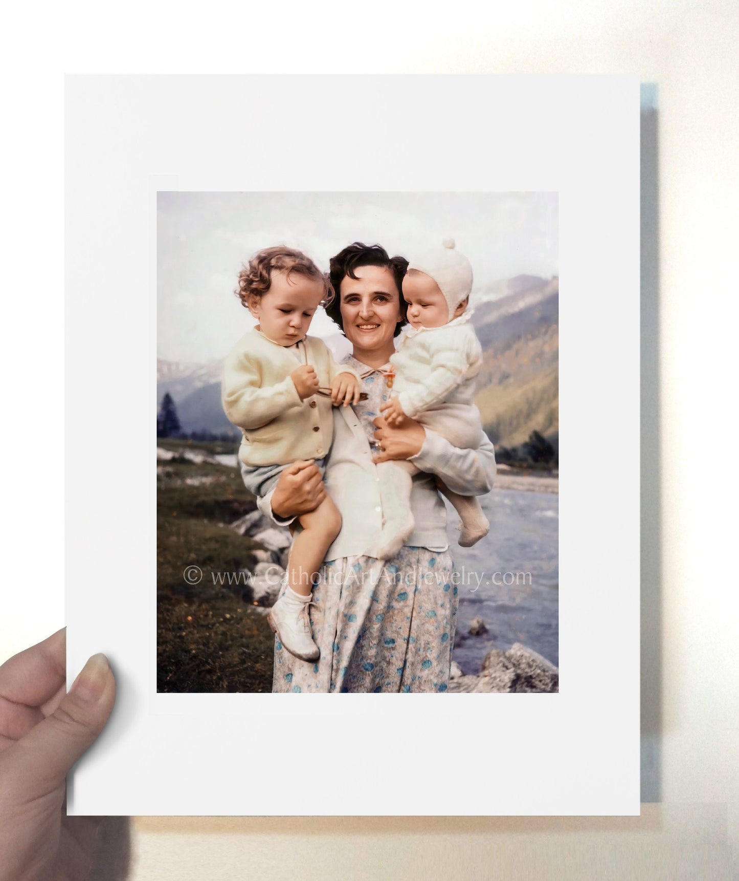 St. Gianna Molla Holding Two of Her Children – Exclusive Photo Restoration – Catholic Art Print – Catholic Gift