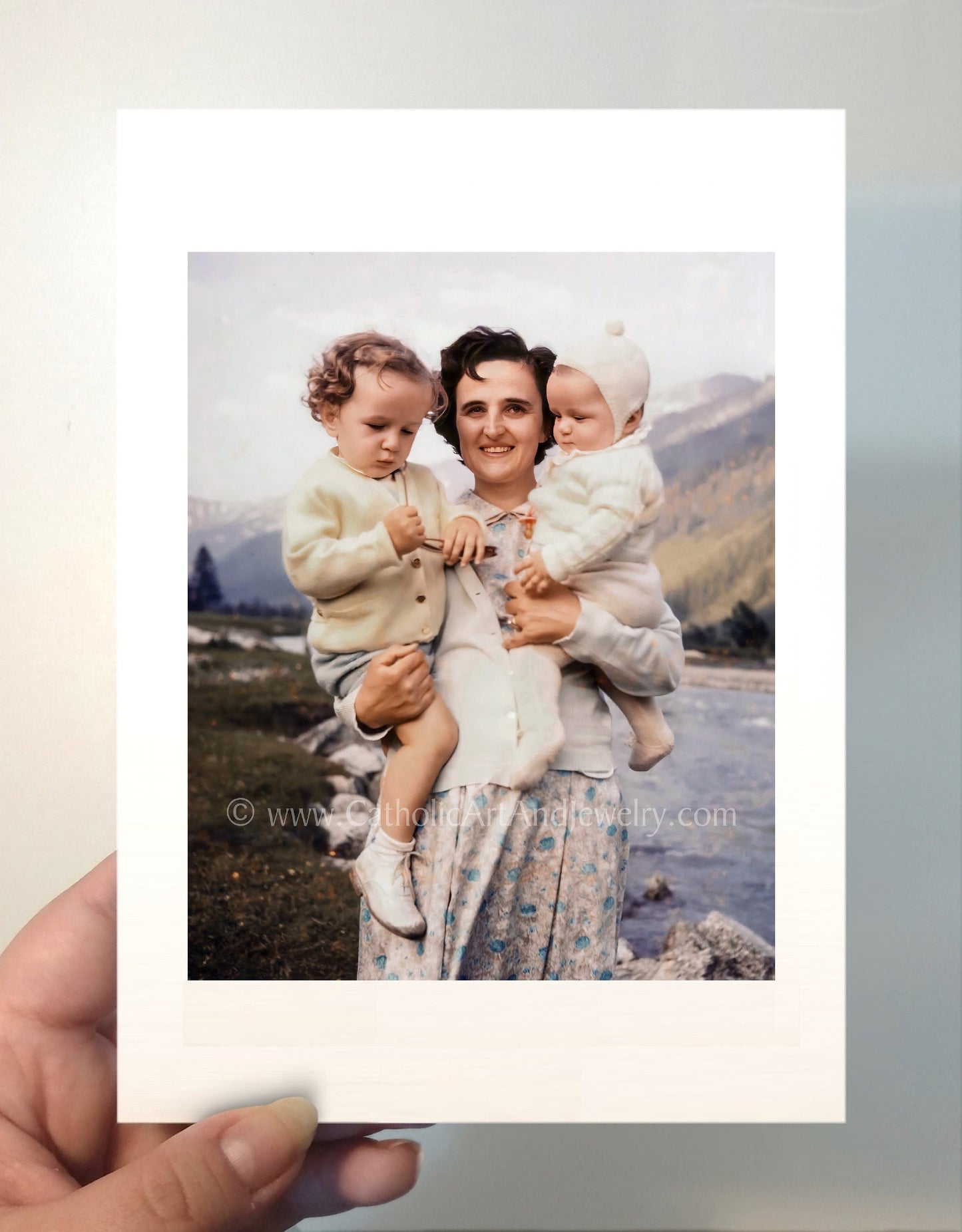 St. Gianna Molla Holding Two of Her Children – Exclusive Photo Restoration – Catholic Art Print – Catholic Gift