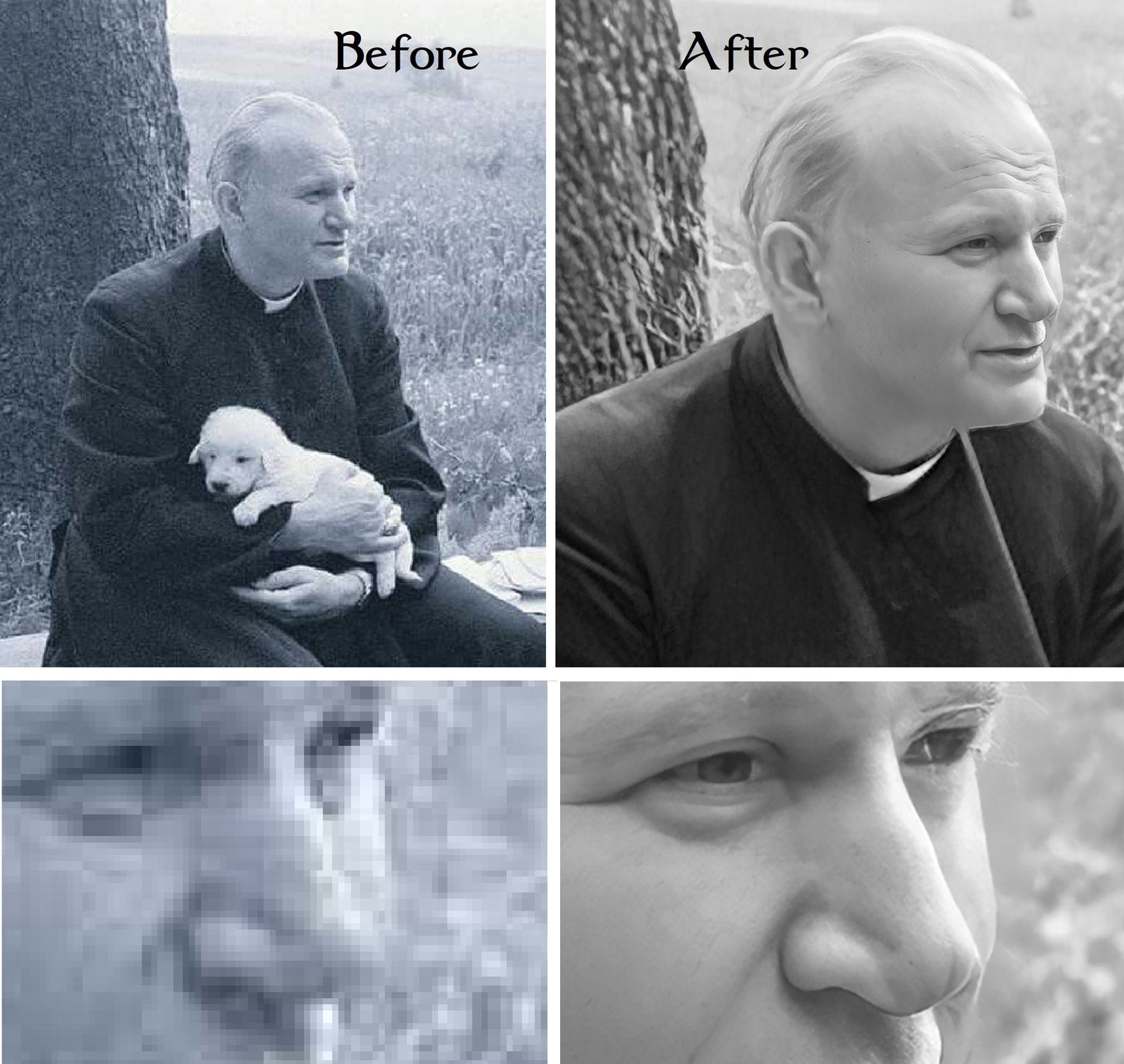 St. John Paul II with a Puppy – Exclusive Photo Restoration – 3 sizes – Catholic Art Print – Archival Quality – Catholic Gift