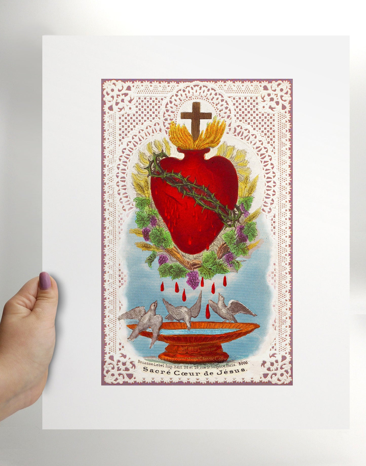 Sacred Heart of Jesus with Doves and Lace – based on a Vintage Holy Card – Catholic Art Print – Archival Quality