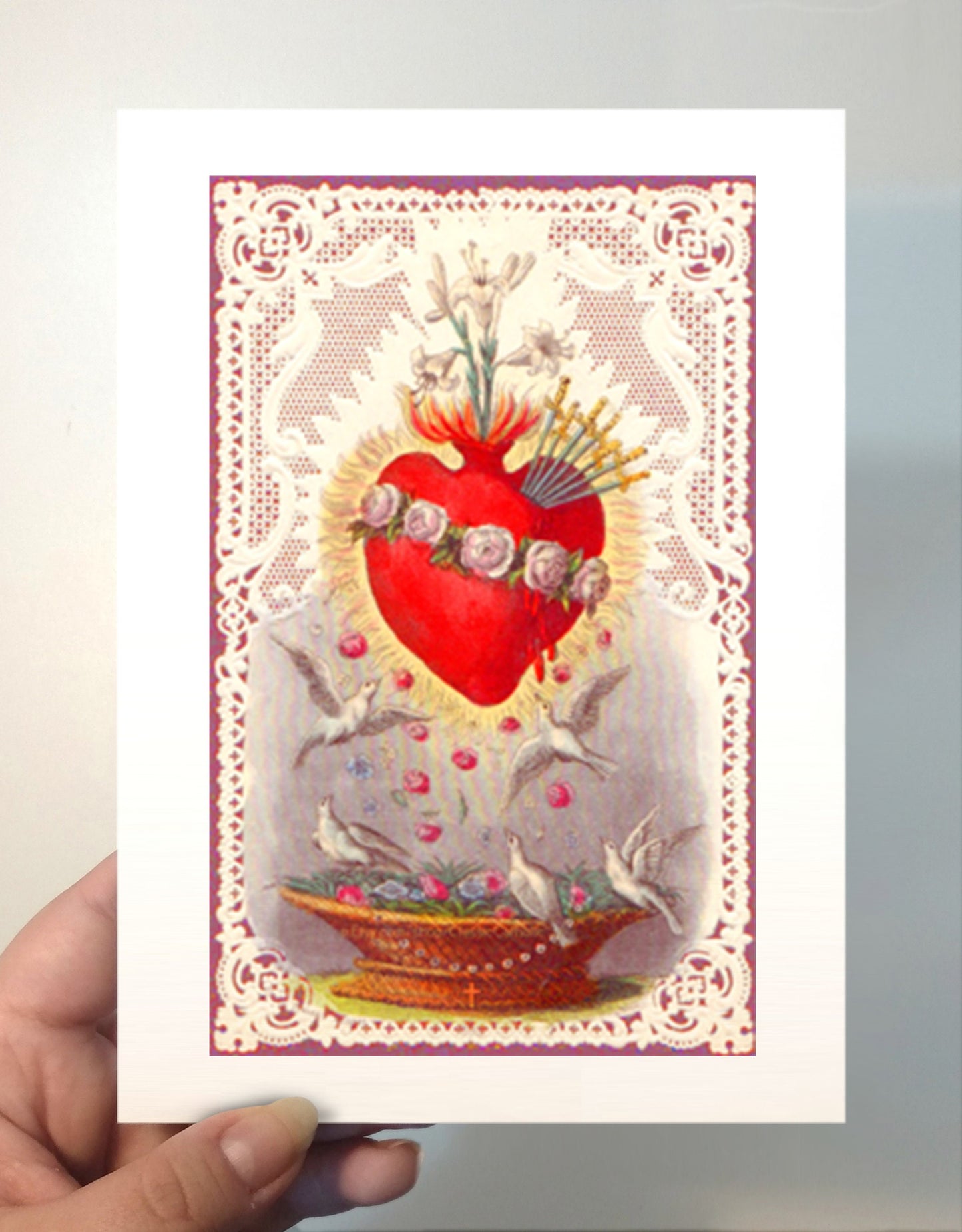 Immaculate Heart of Mary with Doves and Lace – based on a Vintage French Holy Card – Catholic Art Print – Archival Quality