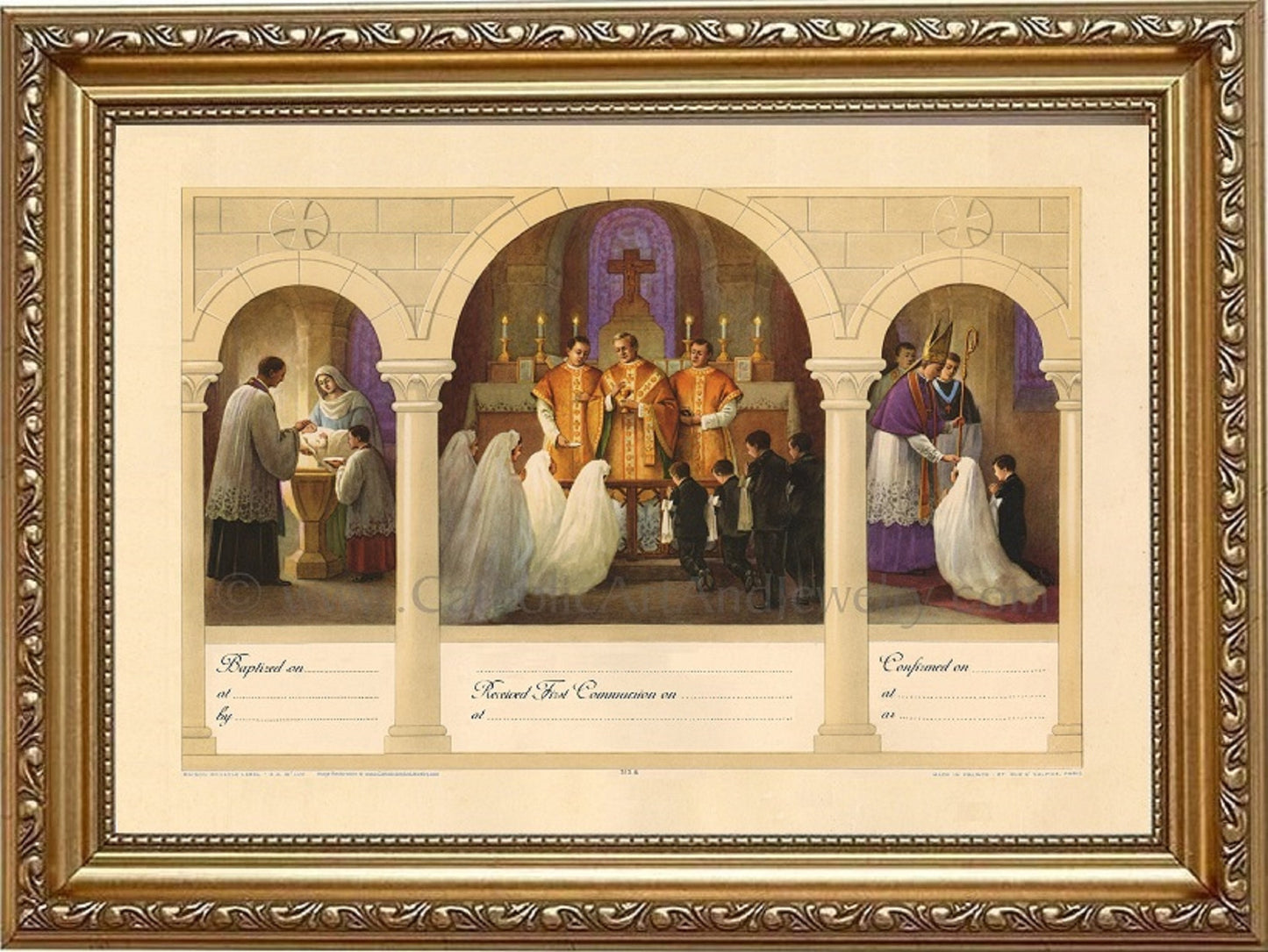 3 Sacraments Certificate – Baptism, First Communion, Confirmation – 2 sizes – Based on a Vintage Certificate