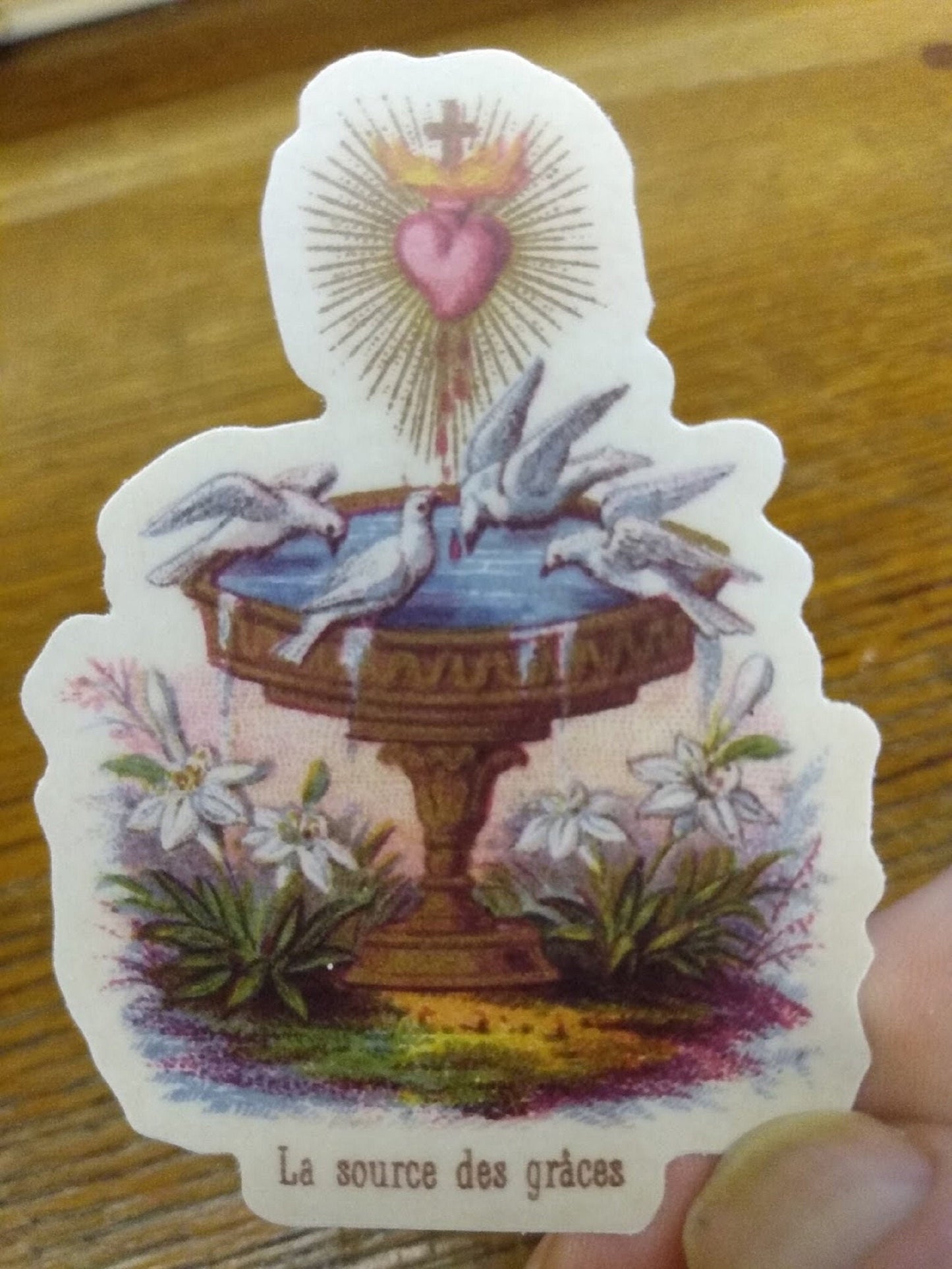 Sticker–Source of Grace –based on a Vintage French Holy Card – Catholic Sticker – Sacred Heart Sticker