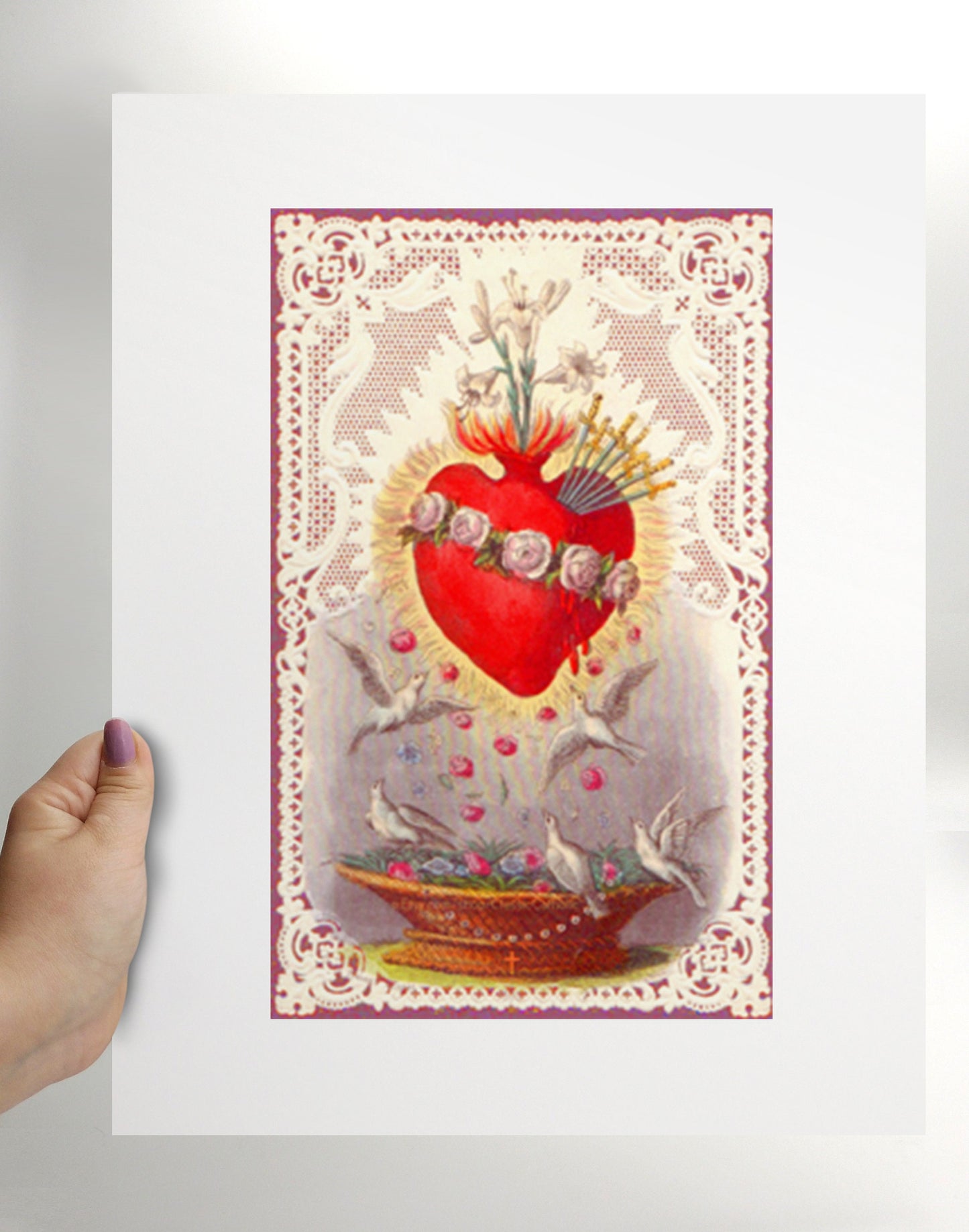Immaculate Heart of Mary with Doves and Lace – based on a Vintage French Holy Card – Catholic Art Print – Archival Quality