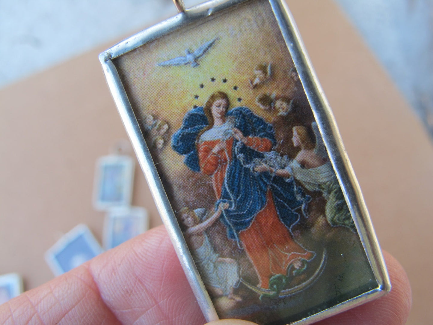 Our Lady - Untier of Knots - Undoer of Knots - Pope Francis Favorite - Glass and Solder Pendant - Catholic Gifts