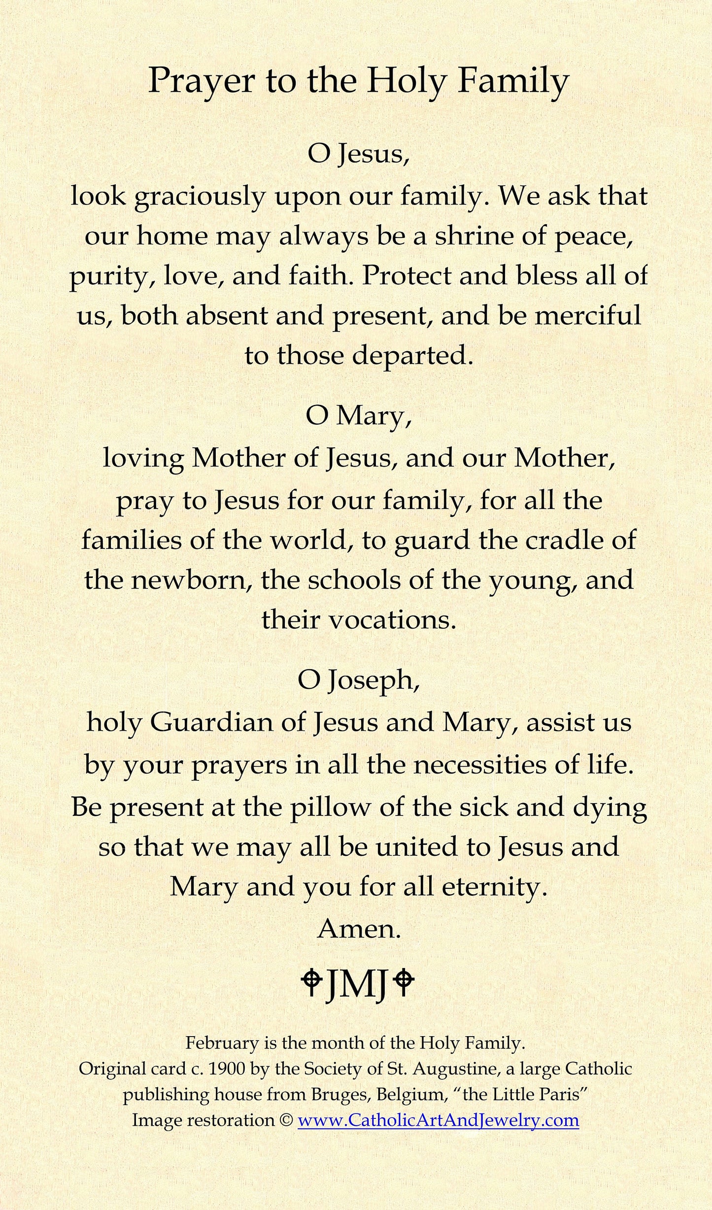 Holy Family Holy Cards – Restored Holy Card from the Society of St. Augustine – pack of 10/100/1000