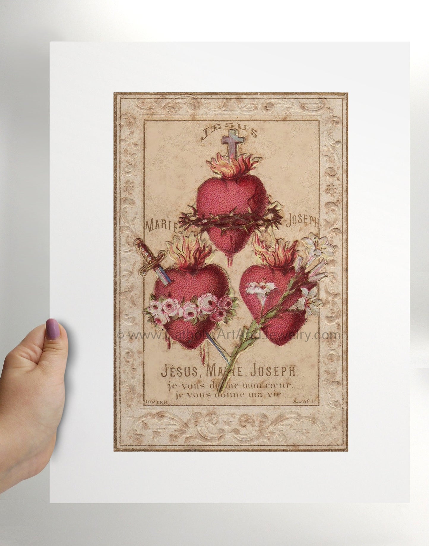 Hearts of the Holy Family – Including the Chaste Heart of St. Joseph – based on a Vintage French Holy Card – Catholic Art Print