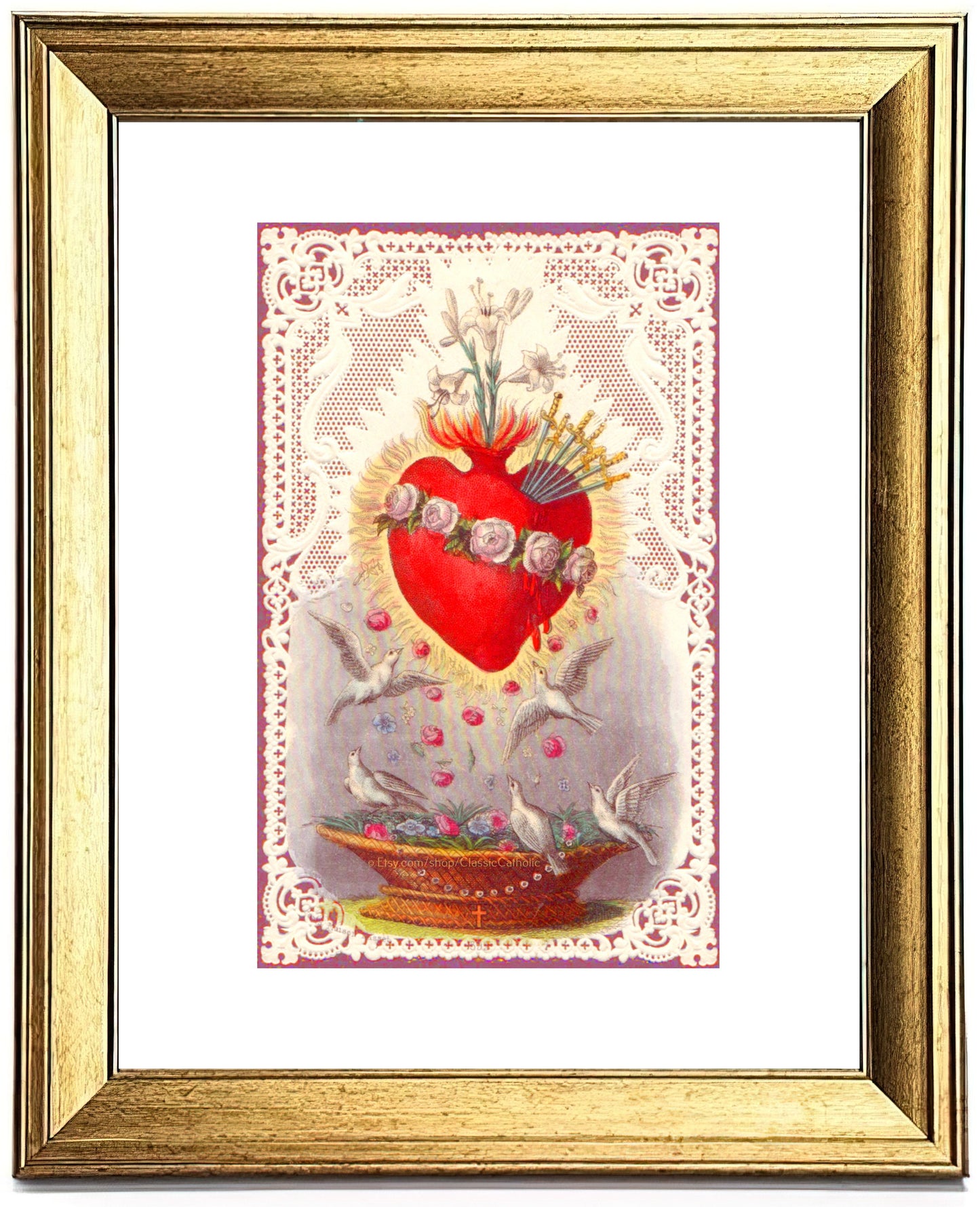 Immaculate Heart of Mary with Doves and Lace – based on a Vintage French Holy Card – Catholic Art Print – Archival Quality