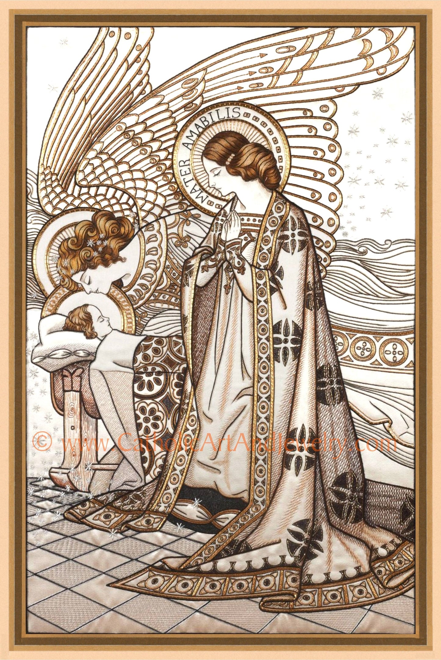 Mother Most Lovable – Mary, Jesus, and Angel – 3 sizes –Mater Amabilis – Loreto Embroideries – Vintage Catholic Art Print– Mother's Love –