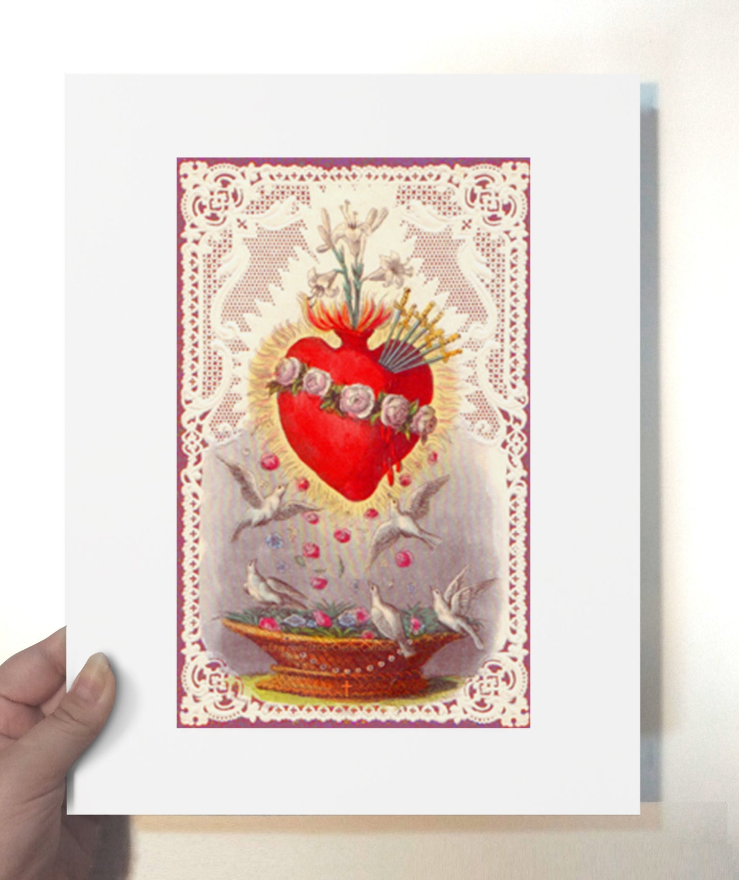 Immaculate Heart of Mary with Doves and Lace – based on a Vintage French Holy Card – Catholic Art Print – Archival Quality