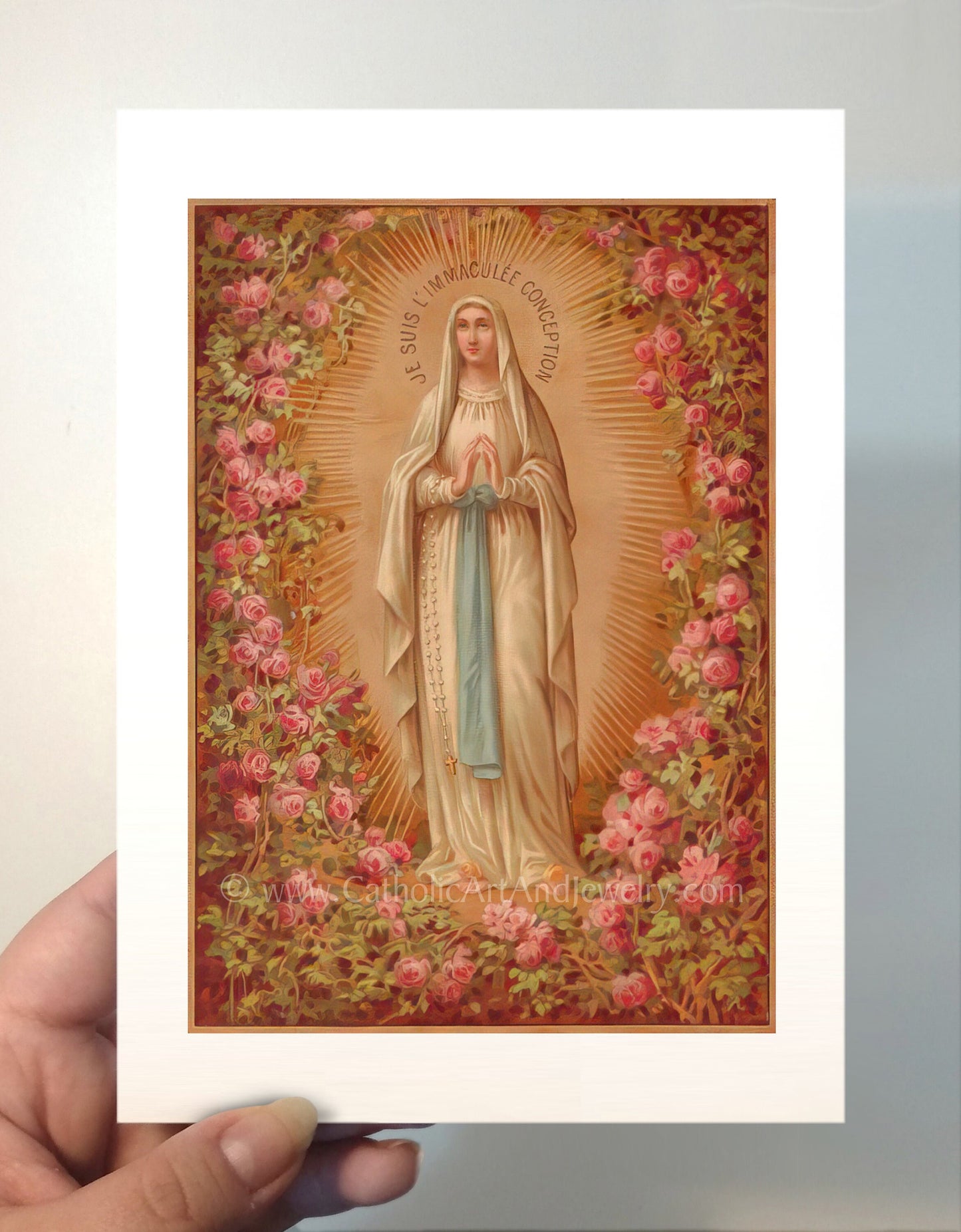 Our Lady of Lourdes Roses – based on a Vintage French Holy Card – Catholic Art Print