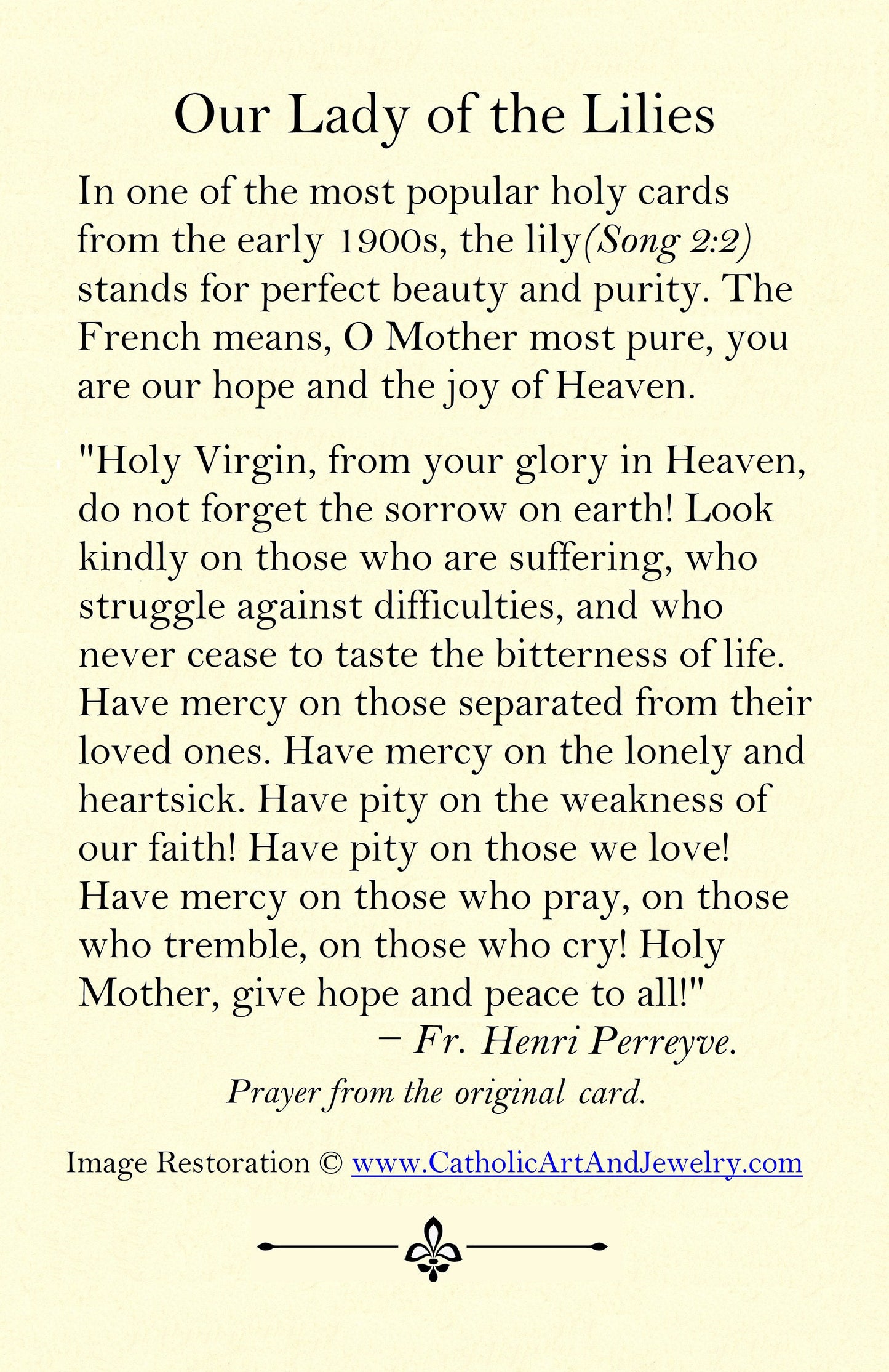 Our Lady of the Lilies – pack of 10/100/1000 – Restored Vintage Holy Card