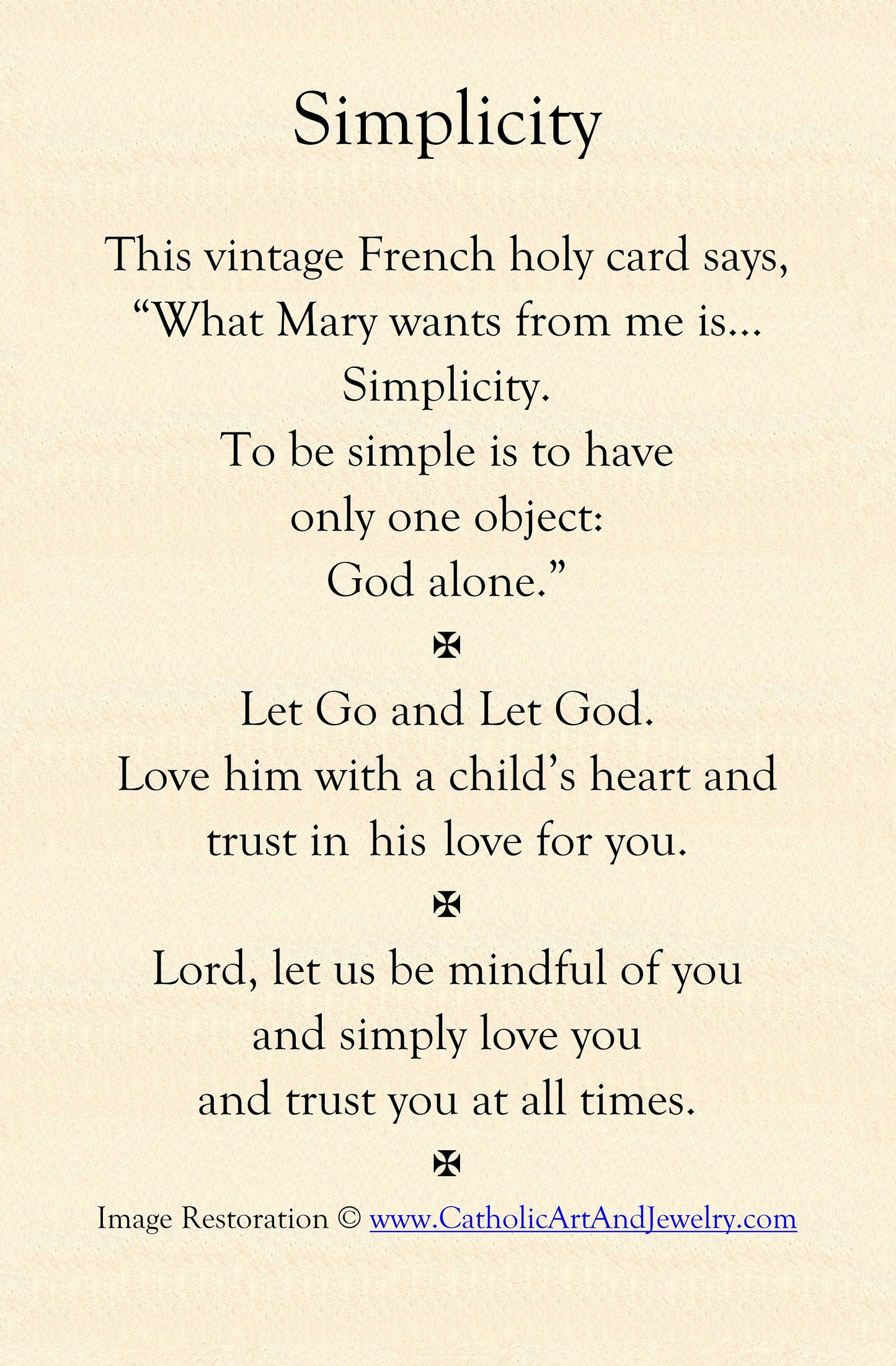 Simplicity Holy Card – pack of 10/100/1000 – Restored Vintage Holy Card