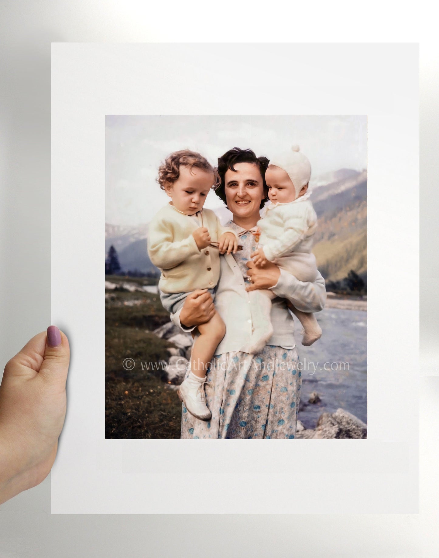 St. Gianna Molla Holding Two of Her Children – Exclusive Photo Restoration – Catholic Art Print – Catholic Gift