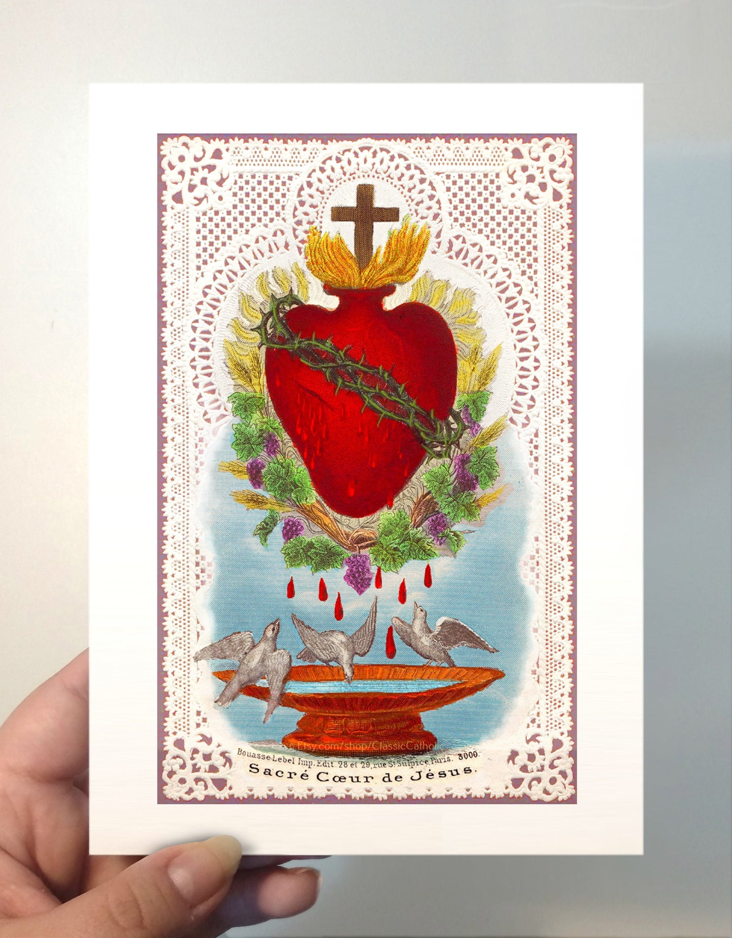 Sacred Heart of Jesus with Doves and Lace – based on a Vintage Holy Card – Catholic Art Print – Archival Quality