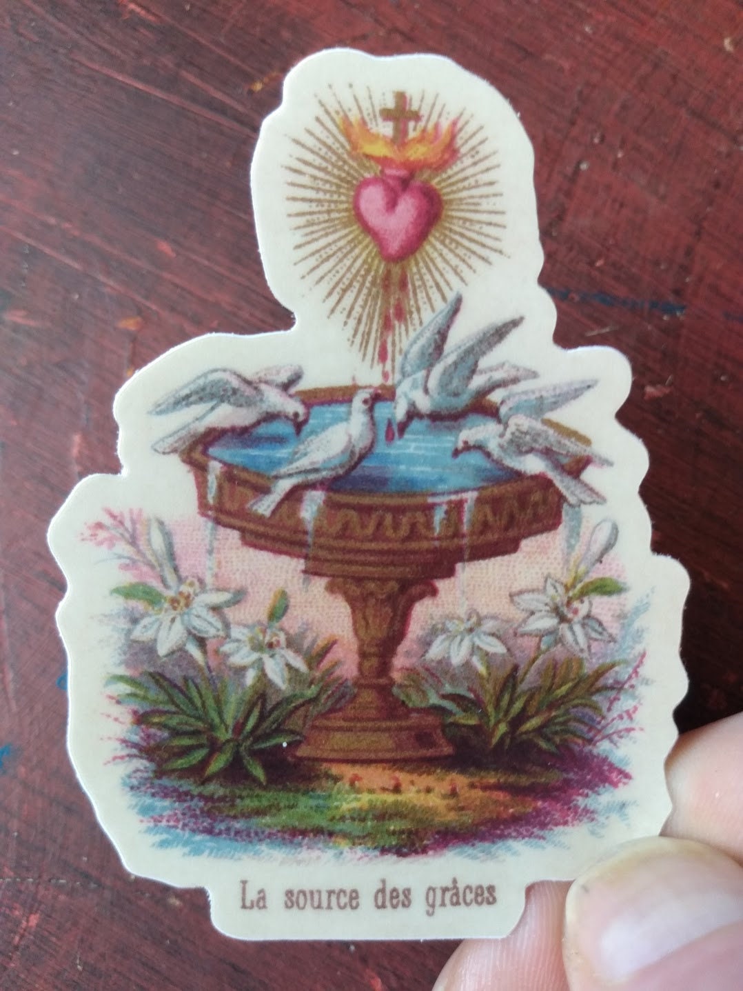 Sticker–Source of Grace –based on a Vintage French Holy Card – Catholic Sticker – Sacred Heart Sticker