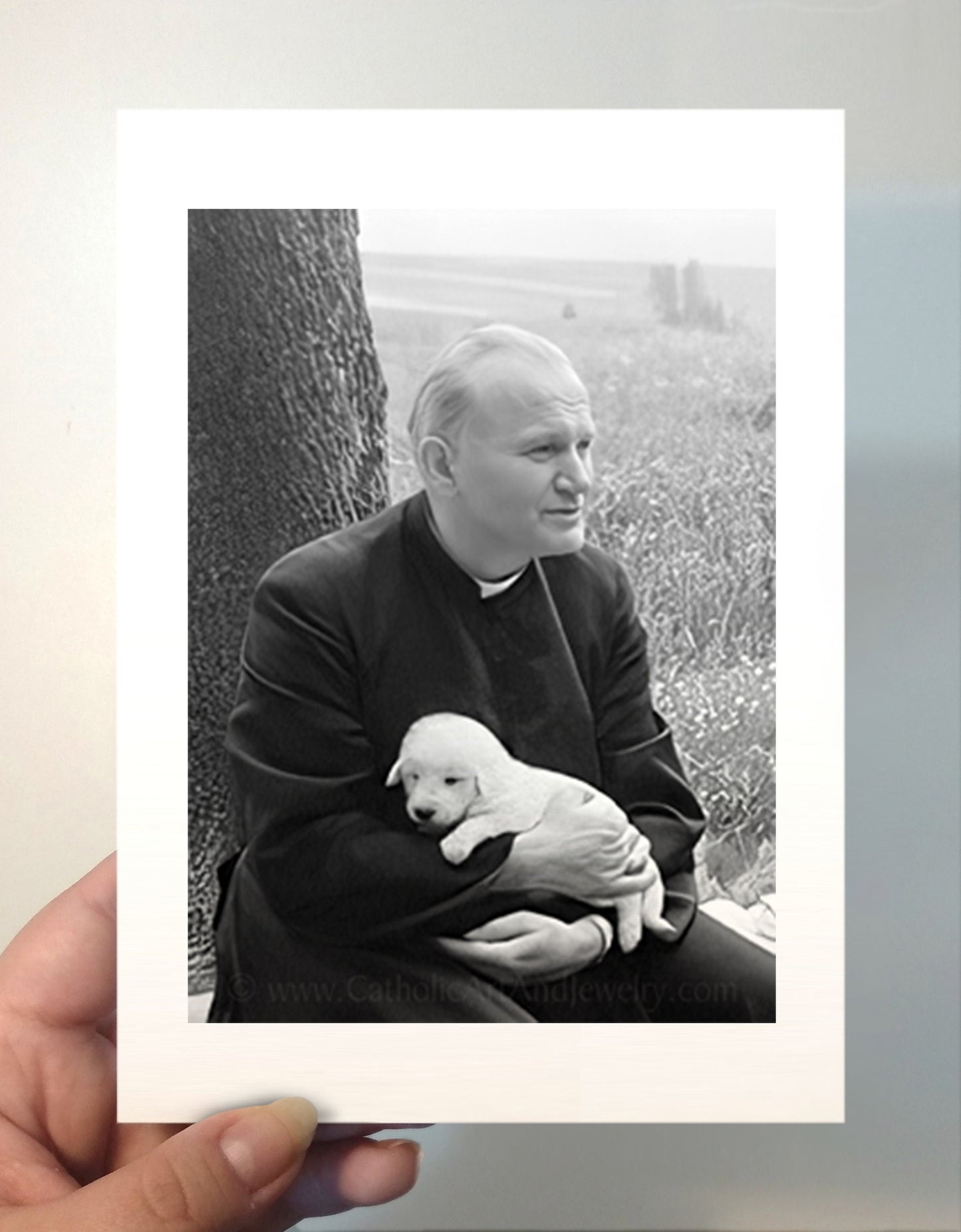 St. John Paul II with a Puppy – Exclusive Photo Restoration – 3 sizes – Catholic Art Print – Archival Quality – Catholic Gift