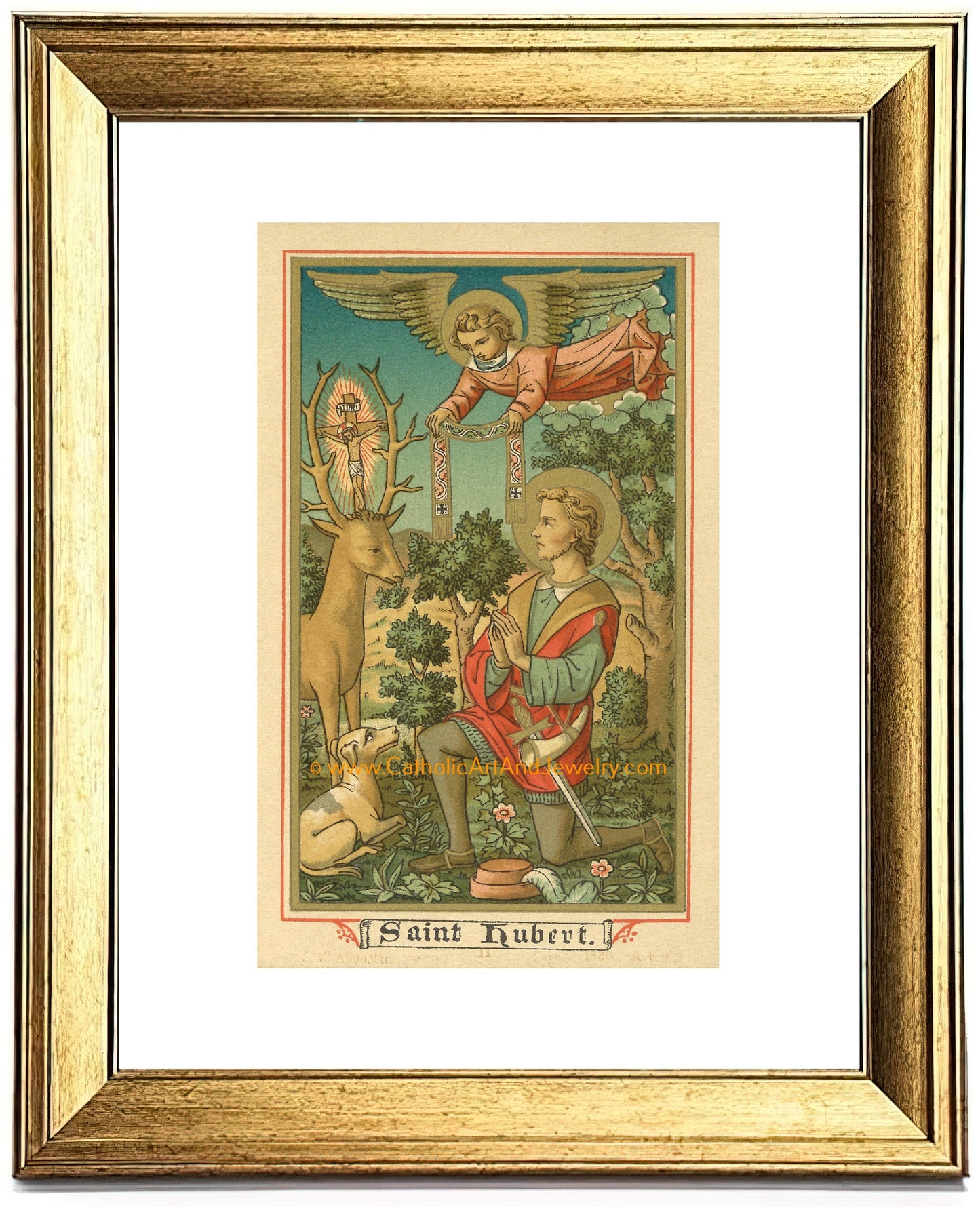 St. Hubert – Patron of Hunters – based on a Vintage Holy Card – Catholic Art Print – Archival Quality