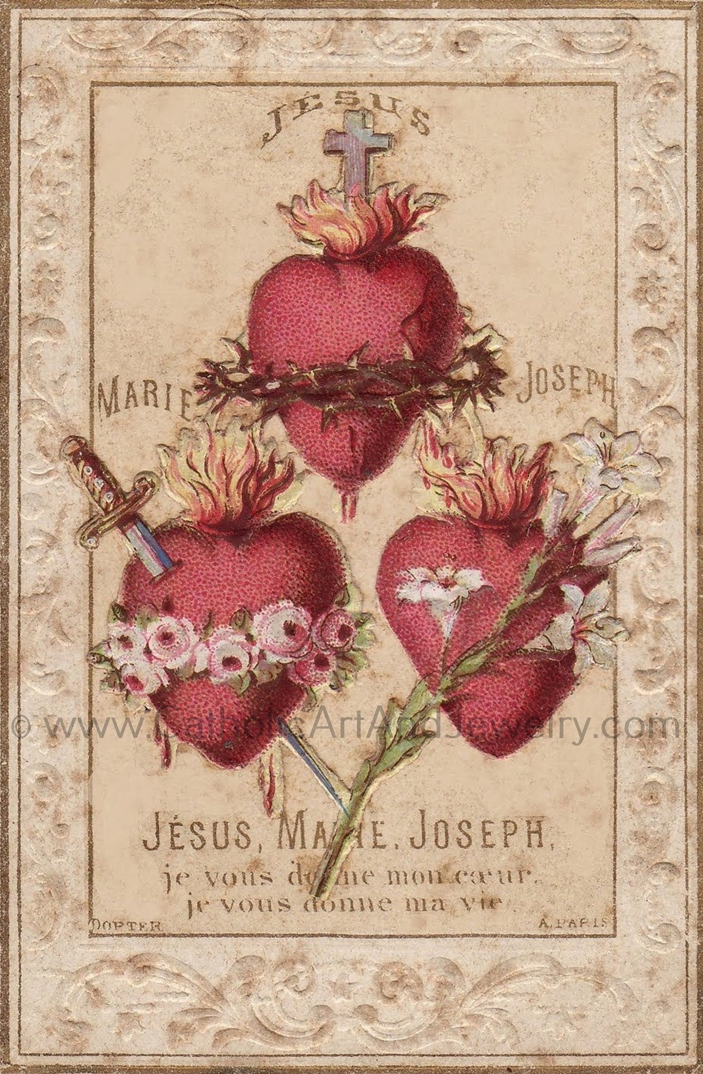 Hearts of the Holy Family – Including the Chaste Heart of St. Joseph – based on a Vintage French Holy Card – Catholic Art Print