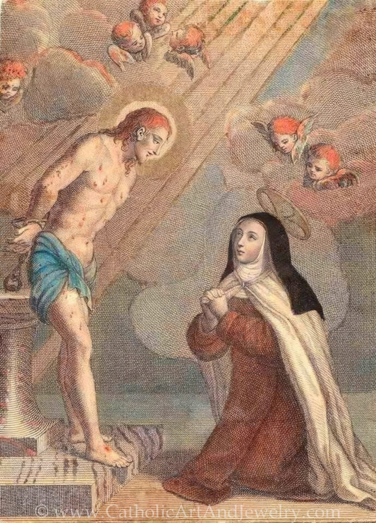 Ecstasy of St. Teresa of Avila – Doctor of the Church – Print of a 19th Century Hand-Tinted Engraving – Catholic Art Print – Archival