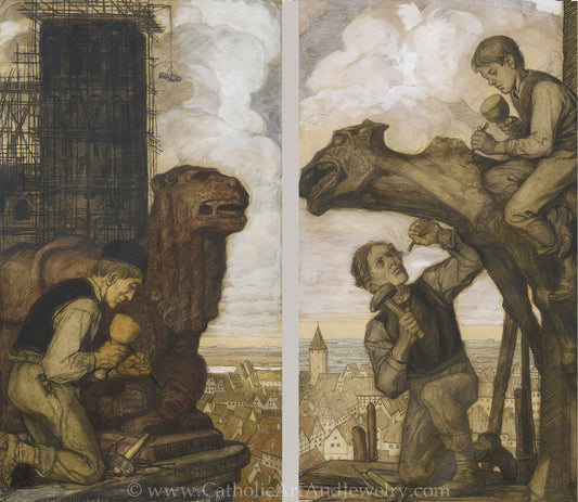 Gargoyles – "Stonemasons Working on Gargoyles" – Matthäus Schiestl – Catholic Art Print – Archival Quality