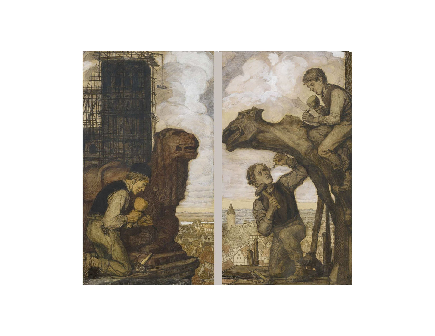 Gargoyles – "Stonemasons Working on Gargoyles" – Matthäus Schiestl – Catholic Art Print – Archival Quality