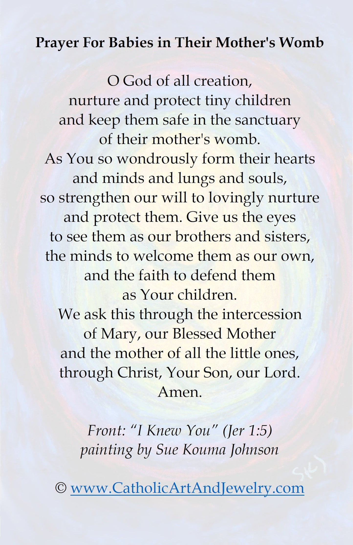 I Knew You – Pro-Life Holy Cards – by Sue Kouma Johnson – pack of 10/100/1000