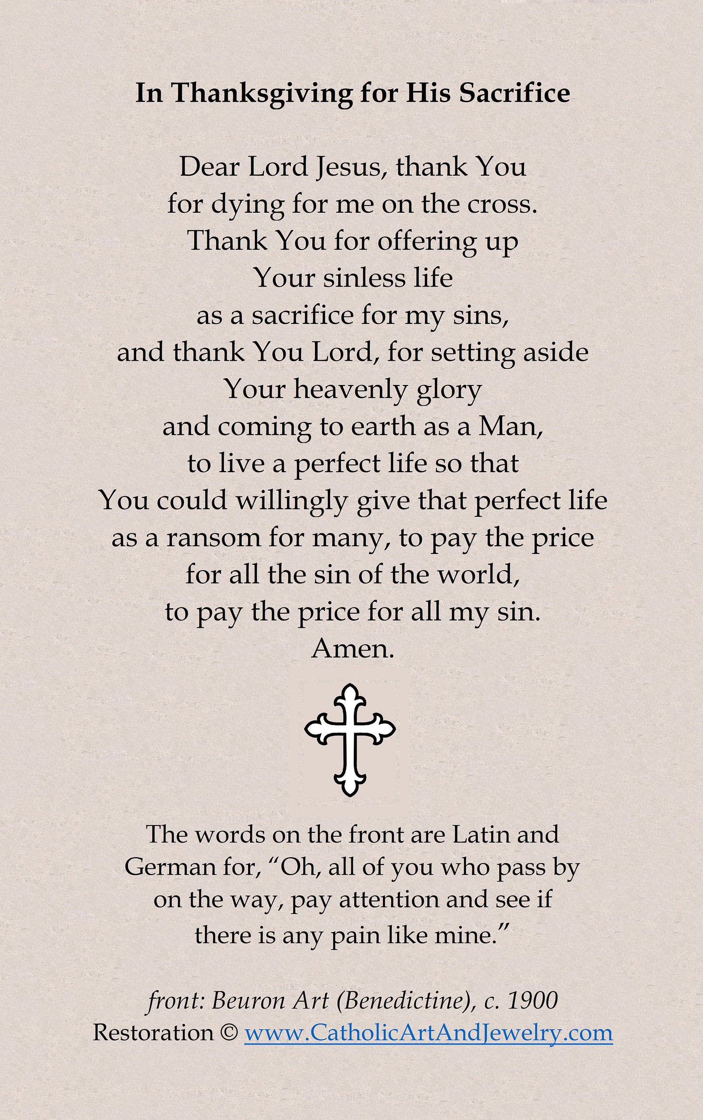 In Thanksgiving for His Sacrifice – Restored Vintage Holy Card – Beuron pack of 10/100/1000
