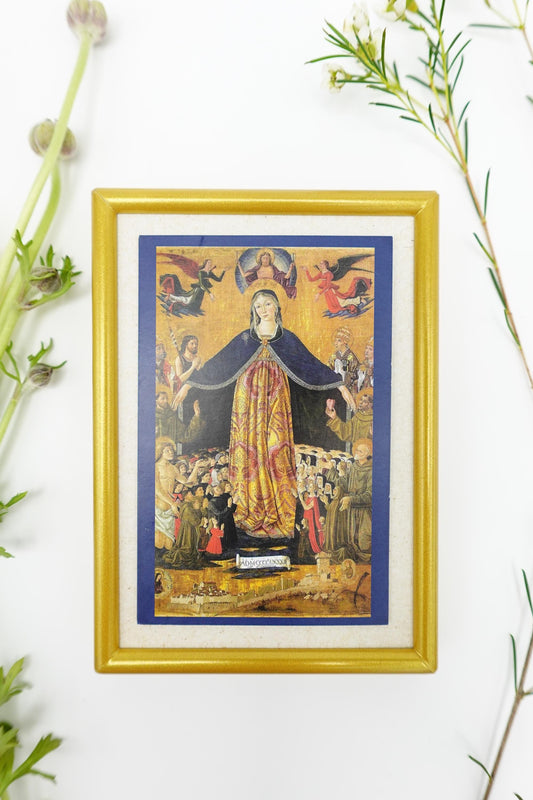 New! Mother of Mercy – Madonna della Misericordia – by Bartolomeo di Segnolo Caporali  – Framed Holy Card – Catholic Keepsake