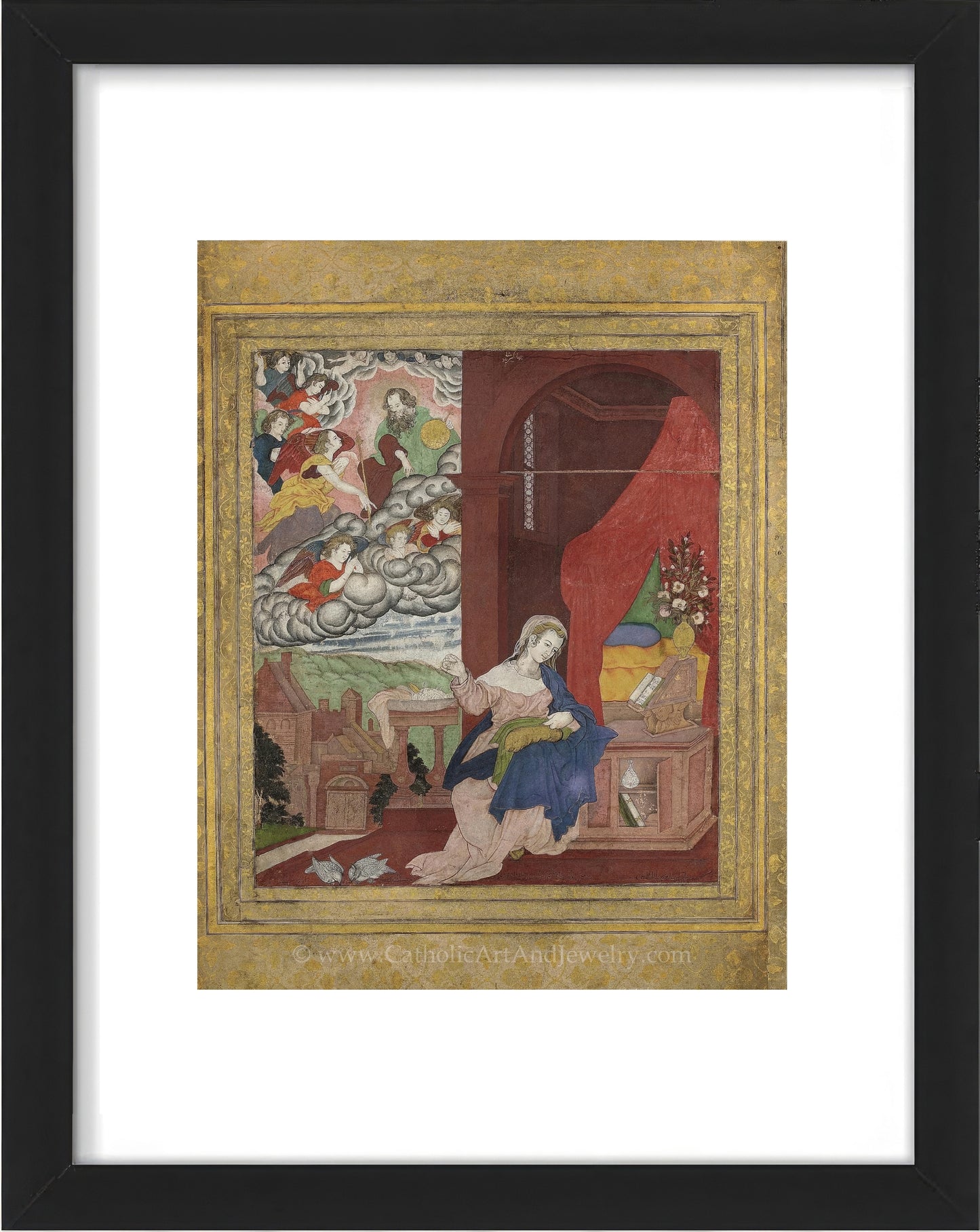 a painting of a woman kneeling in front of a window