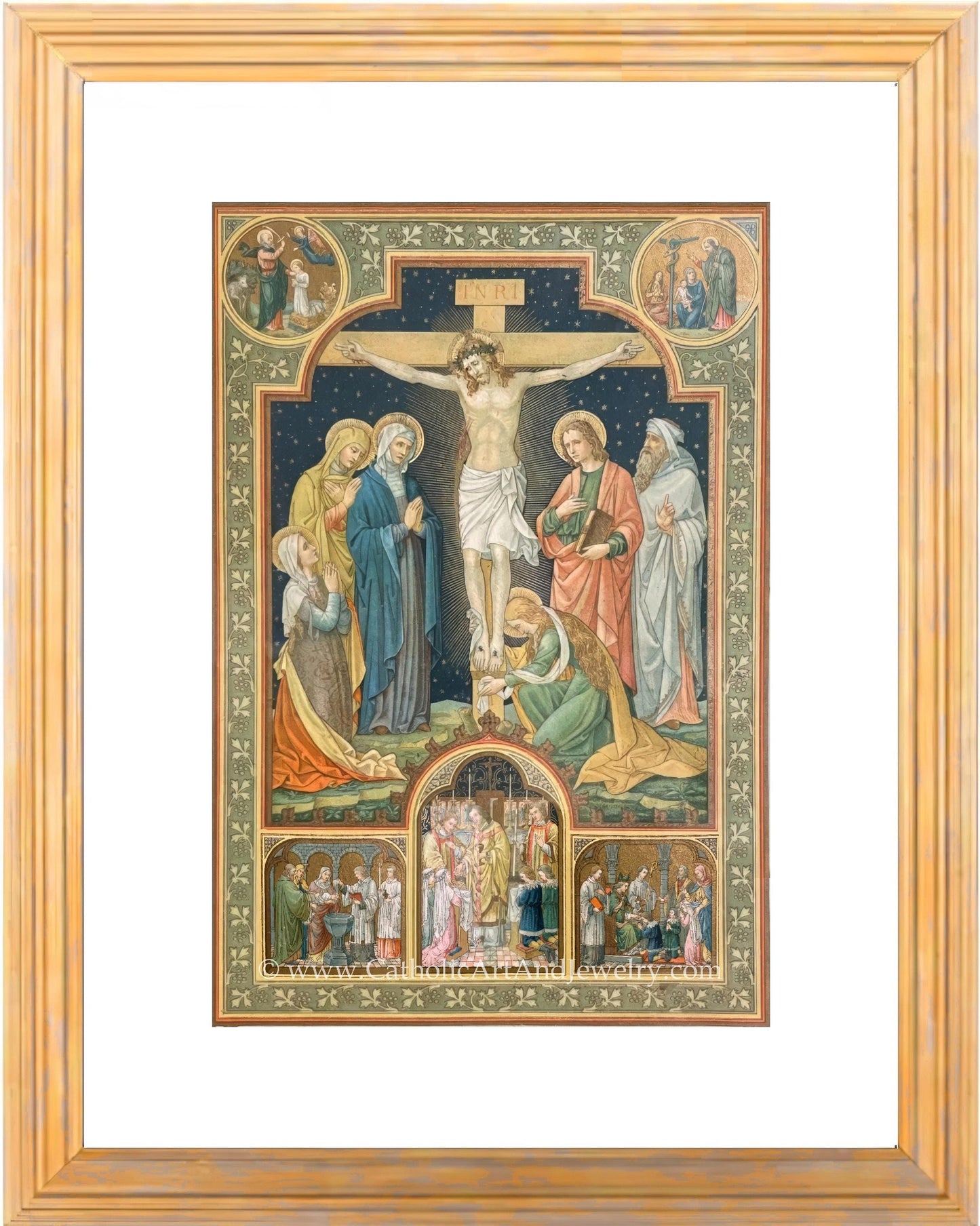 a painting of jesus on the cross with other people