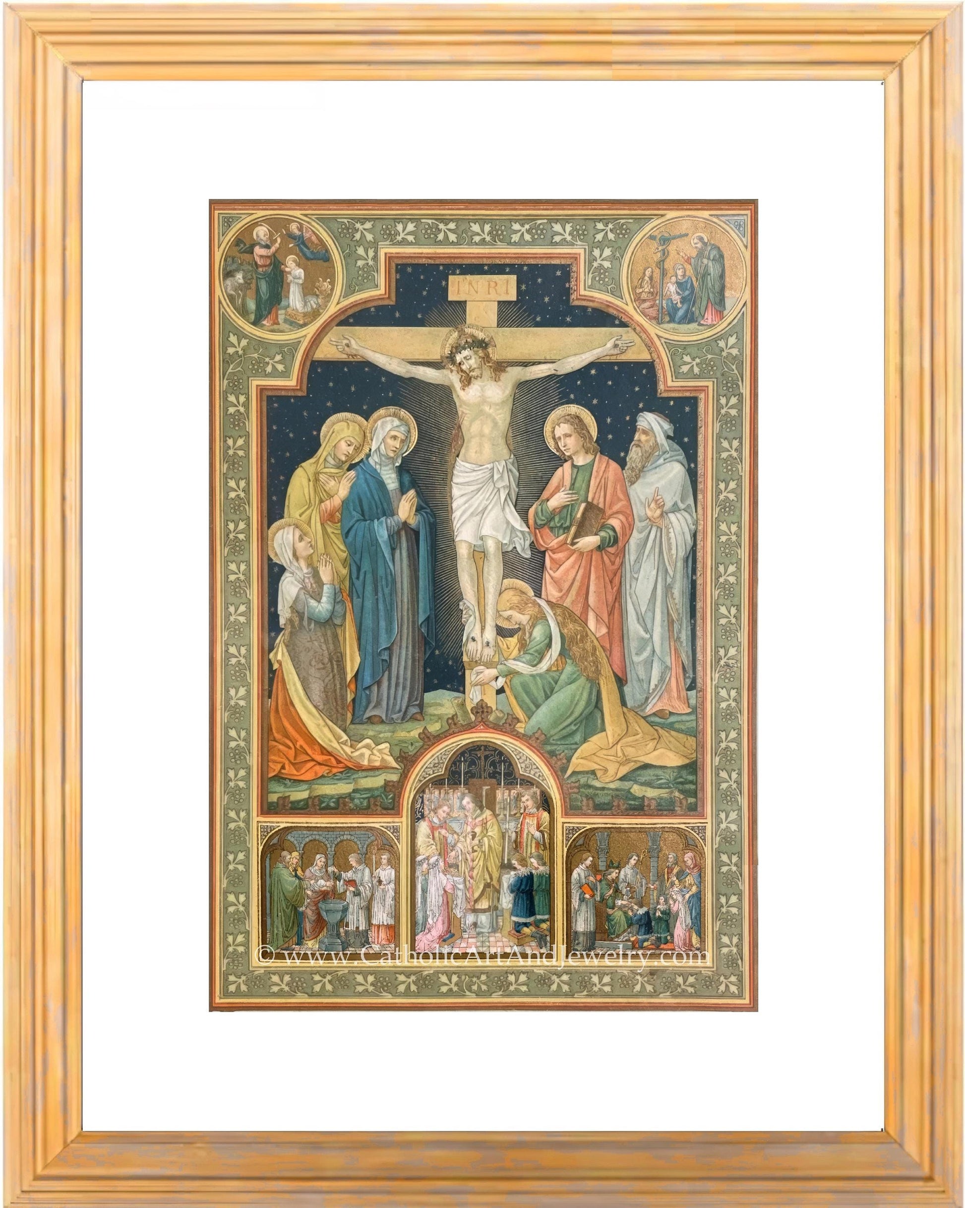 a painting of jesus on the cross with other people