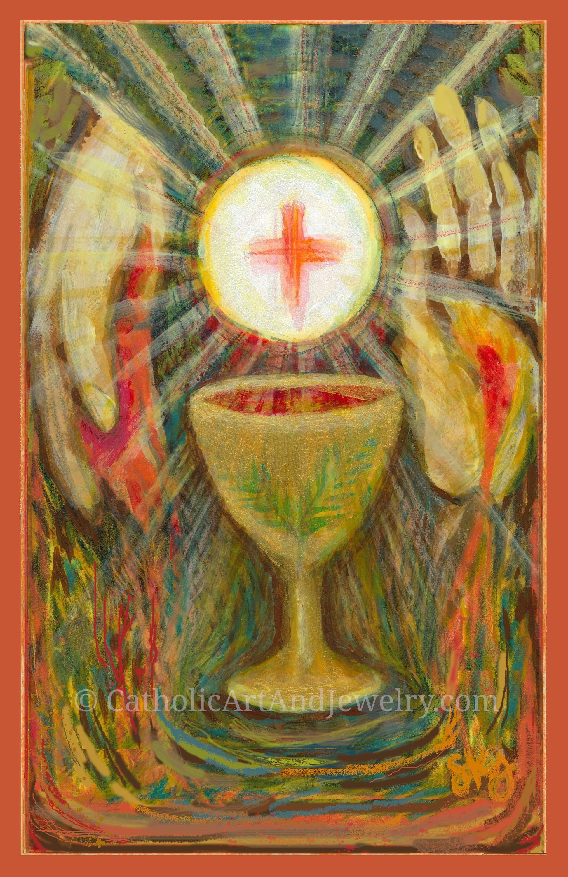 The image is a vibrant, abstract painting featuring a large, glowing cross surrounded by a radiant, radiant circle of light. The central focus is a golden chalice, which appears to be the focal point of the composition. The painting is rich in color and texture, with bold brushstrokes and a sense of depth and dimension.