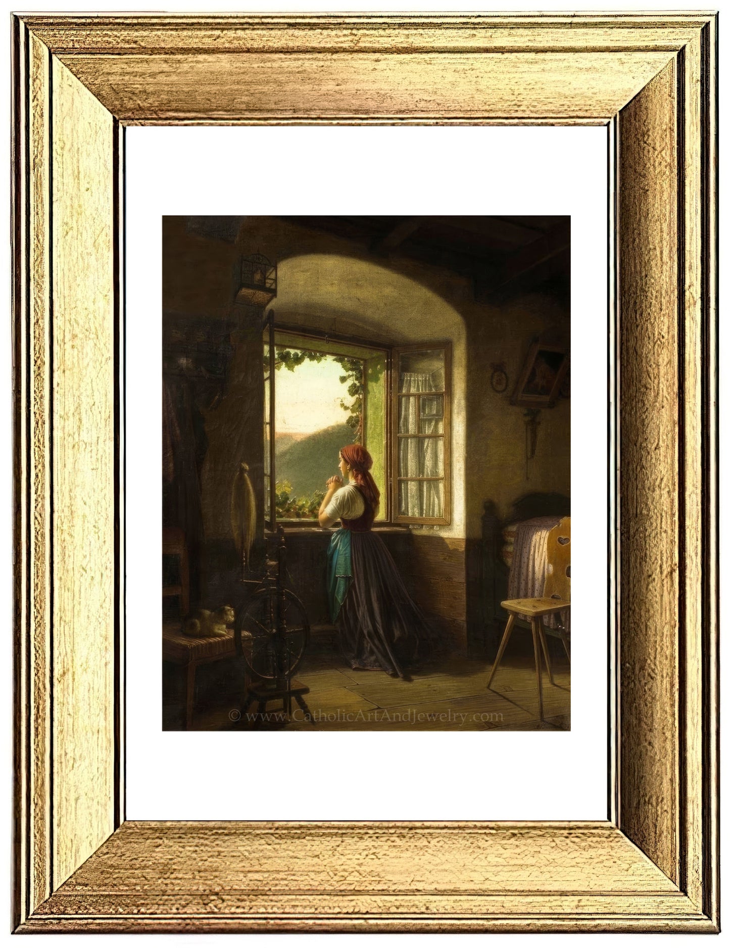 a painting of a woman looking out a window