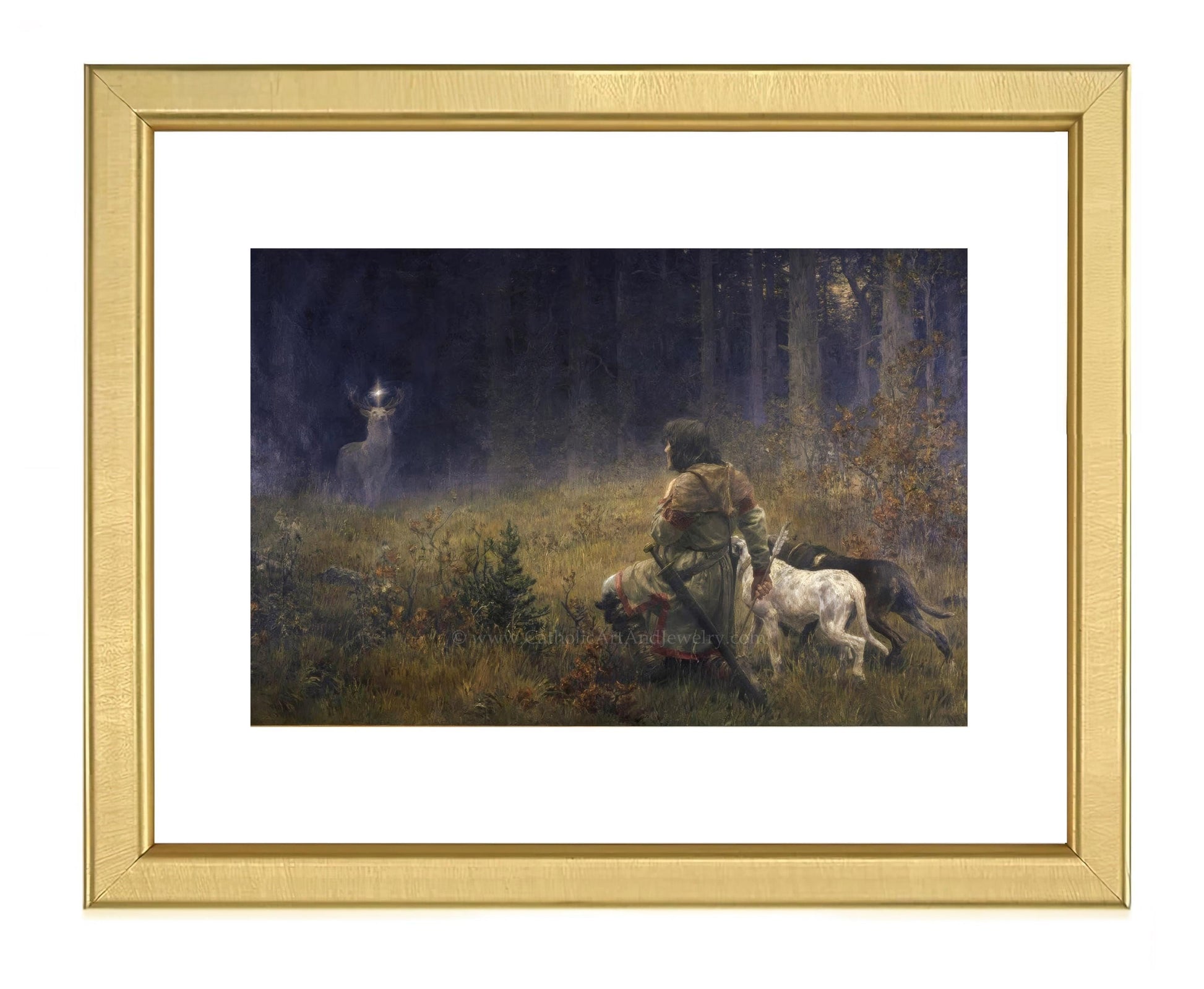 a painting of a man and a dog in a forest
