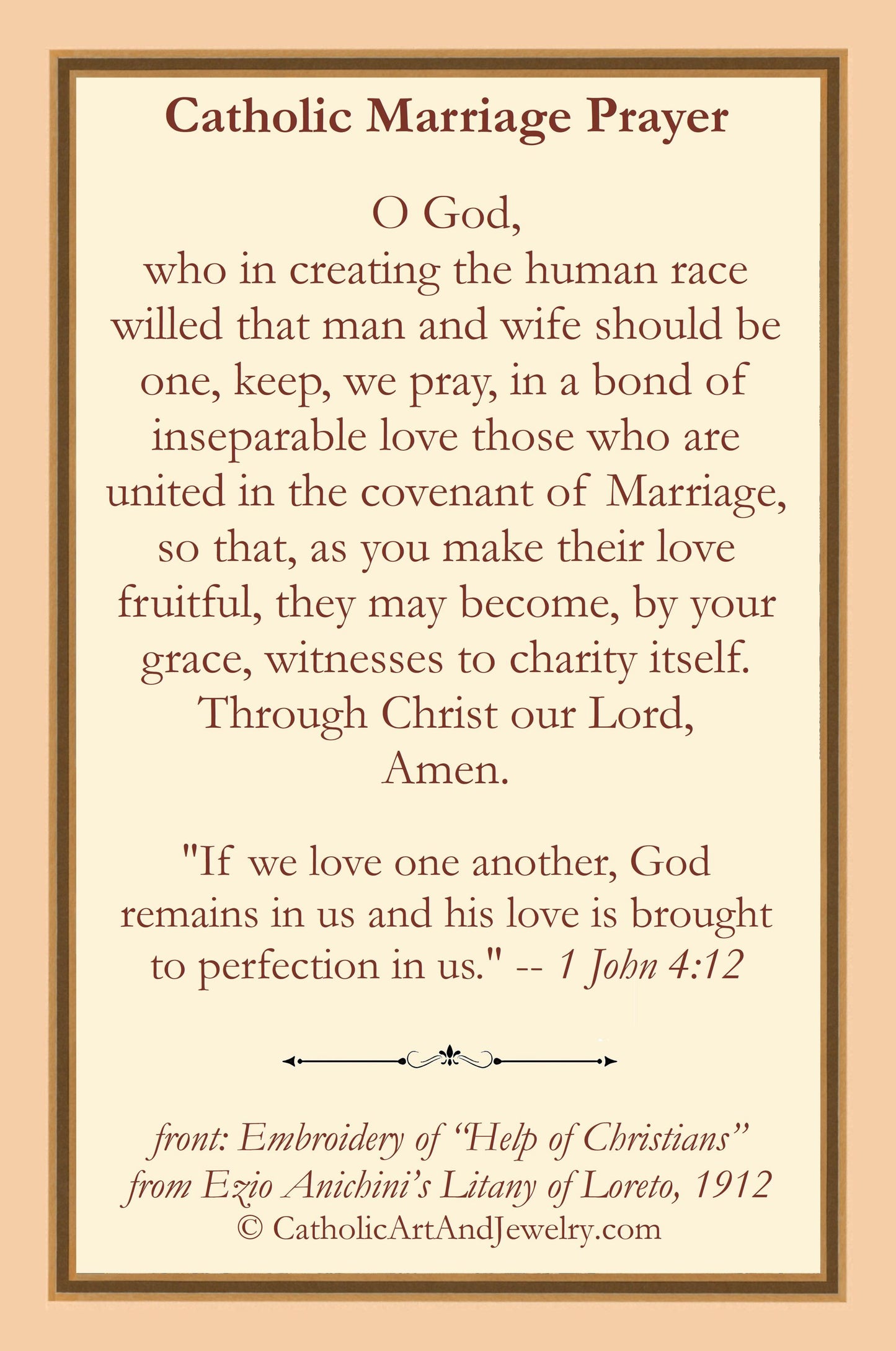 New! Wedding Card – Ezio Anichini – Catholic Wedding Prayer – Mary Help of Christians – pack of 10/100/1000