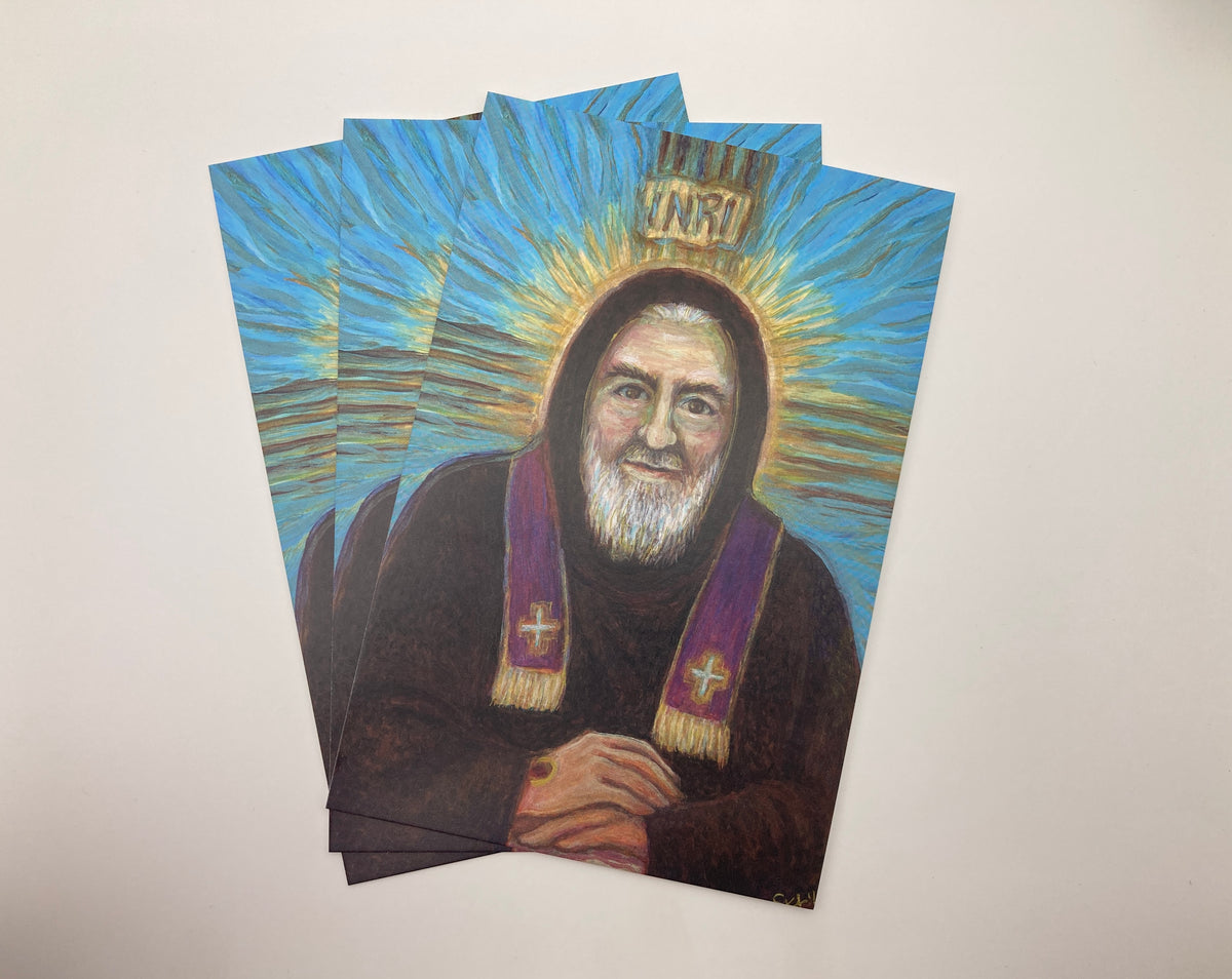 A portrait of an elderly man with a long beard, wearing a purple robe with a cross, and a halo above his head.