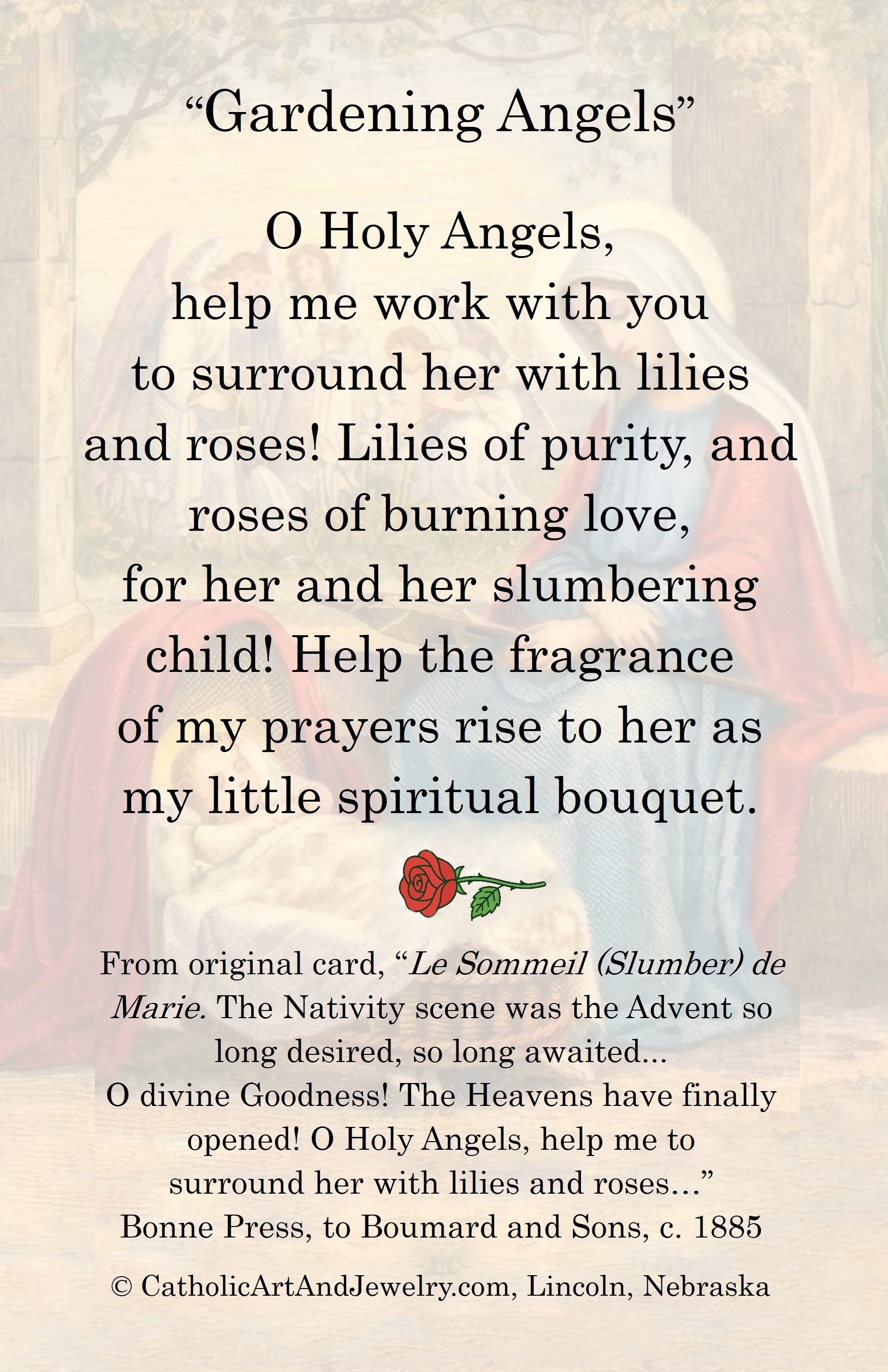 The image is a quote from a religious text, specifically "Gardening Angels" from the Bible, which is a hymn or prayer song.