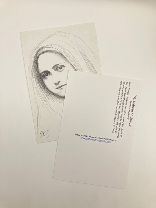 a sketch of a woman's face with a caption describing her as a "Saint Theres of Lisieux" and her role as a "Doctor of the Church".