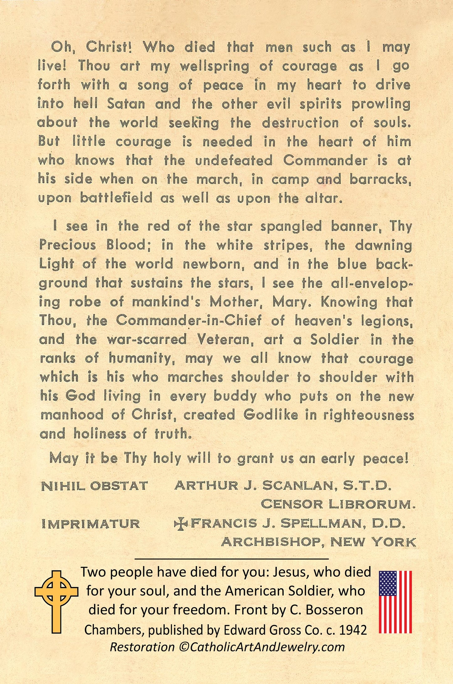 New! Veterans Holy Card – Bosseron Chambers – Restored Vintage Holy Card – WWII Prayer for Soldiers – pack of 10/100/1000
