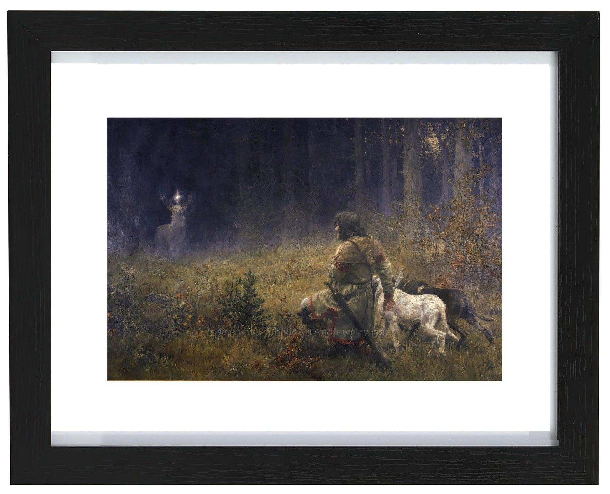 a painting of a man on a horse with a deer in the background