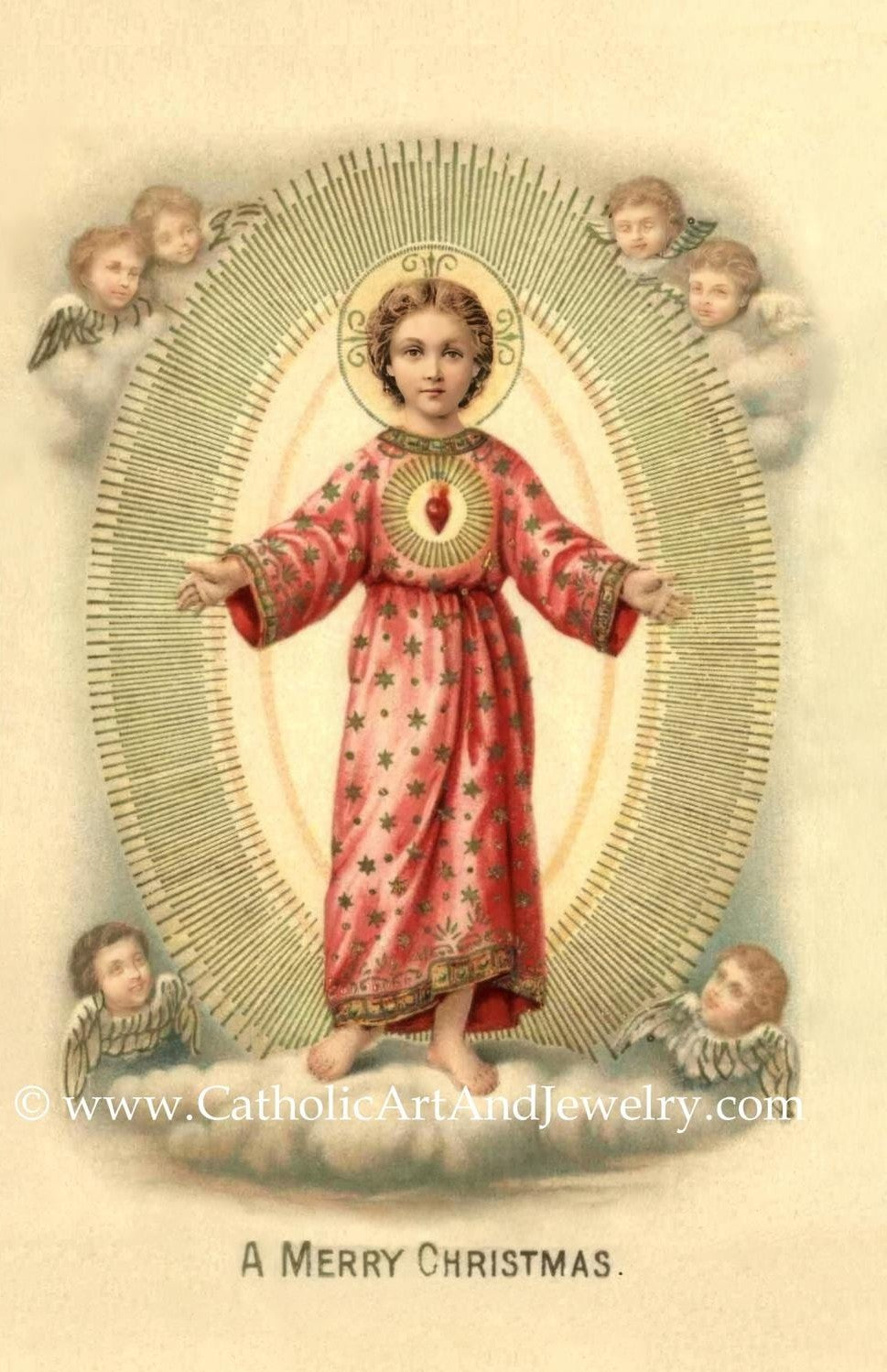 A religious illustration depicting a young child in a red robe with a halo, surrounded by angels, with the text "A Merry Christmas" at the bottom.